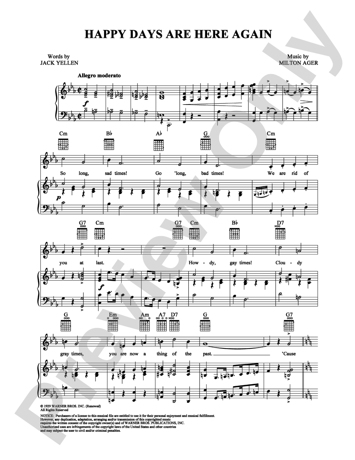 Happy Days Are Here Again: Piano/Vocal/Chords Digital Sheet Music