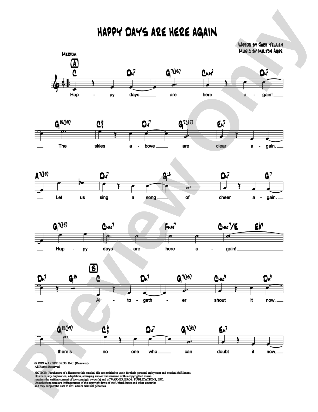 Happy Days Are Here Again: Lead Sheet Digital Sheet Music