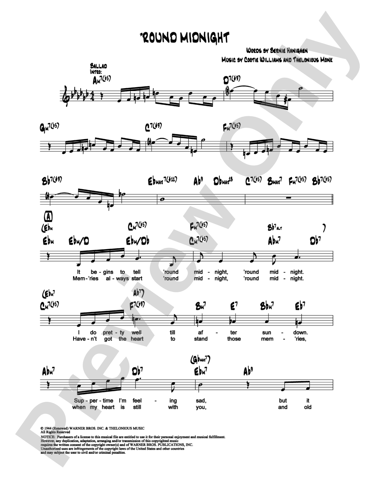 Round Midnight: Lead Sheet Digital Sheet Music