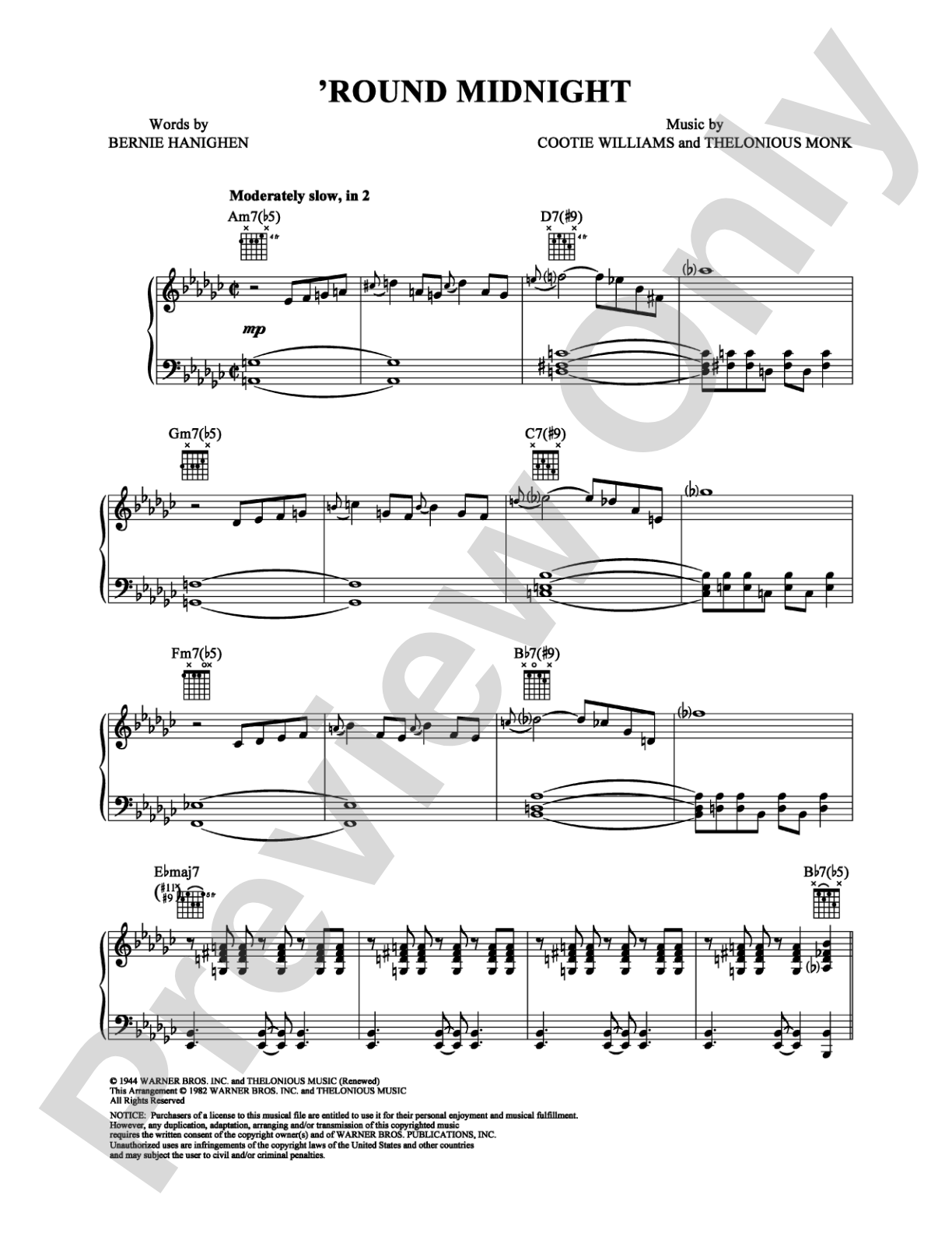 Round Midnight: Piano/Vocal/Chords Digital Sheet Music