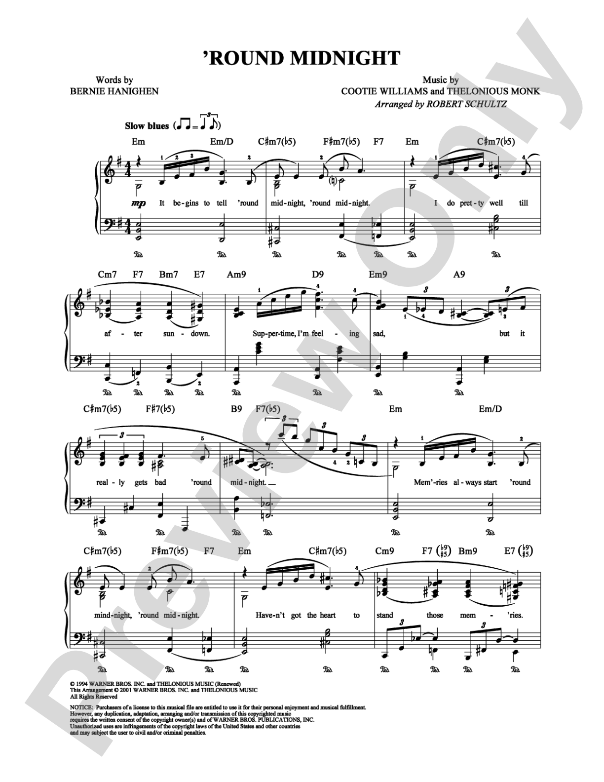 Round Midnight: Piano/Vocal/Chords Digital Sheet Music