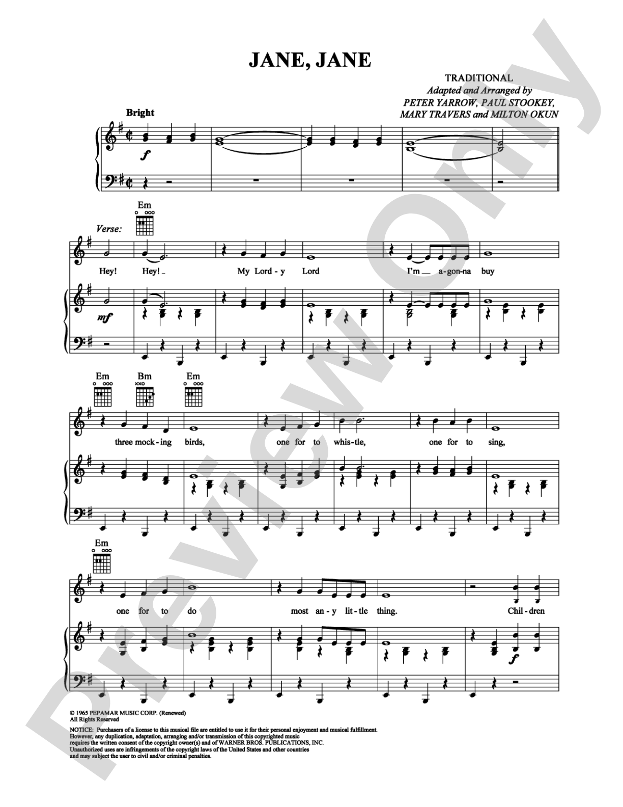 Jane, Jane: Piano/Vocal/Chords Digital Sheet Music