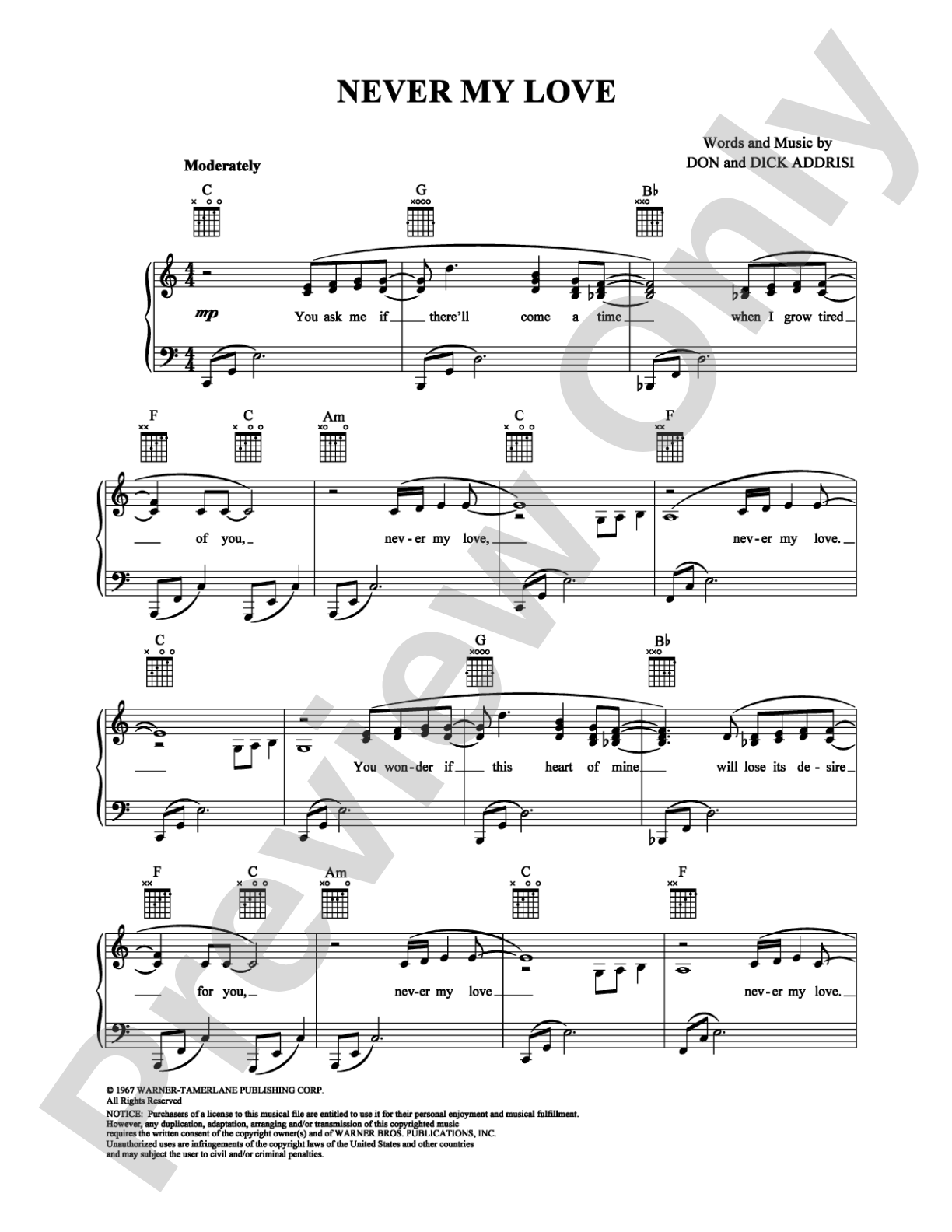 Never My Love: Piano/Vocal/Chords Digital Sheet Music