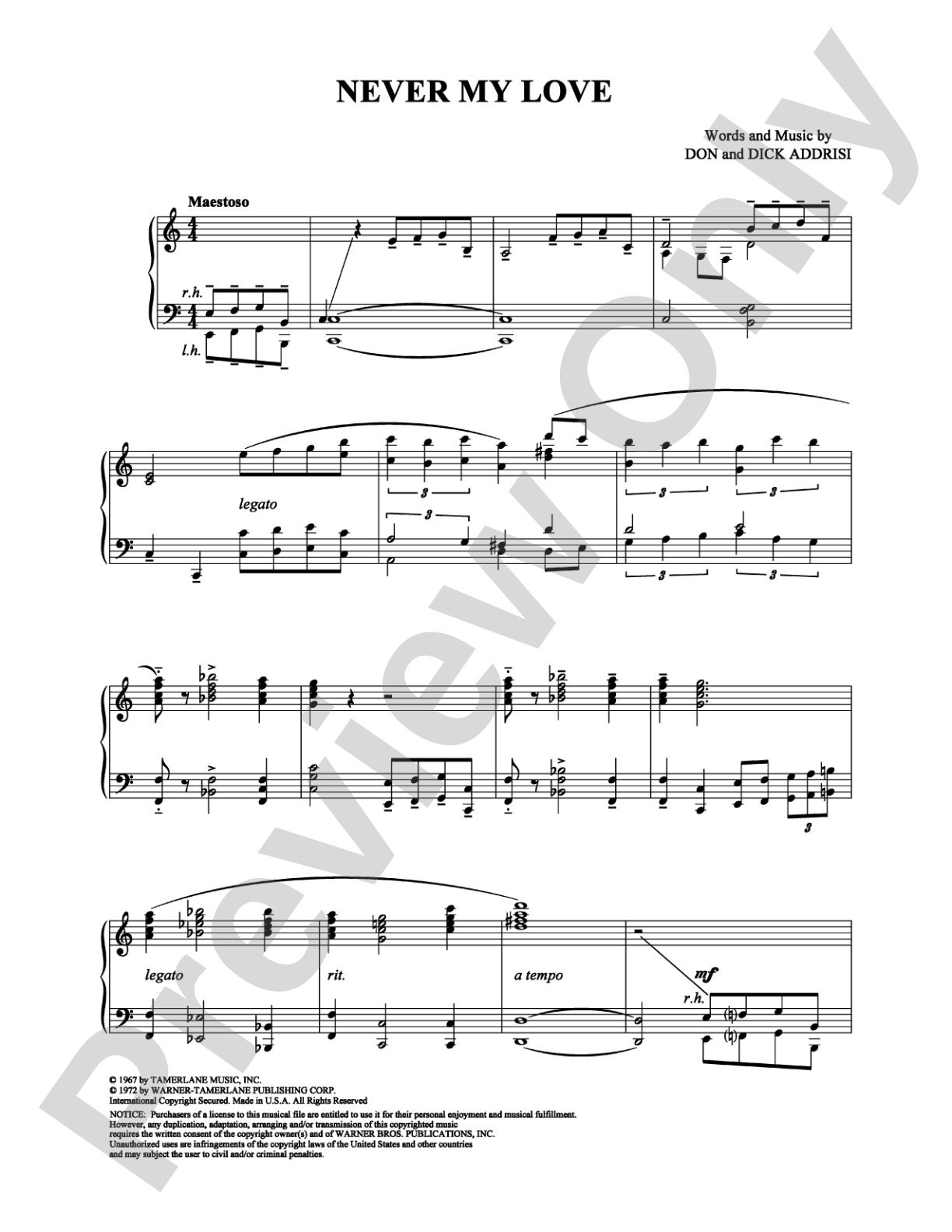 Never My Love: Piano Digital Sheet Music