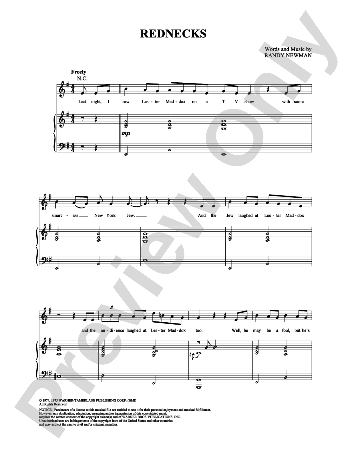Rednecks: Piano/Vocal/Chords Digital Sheet Music