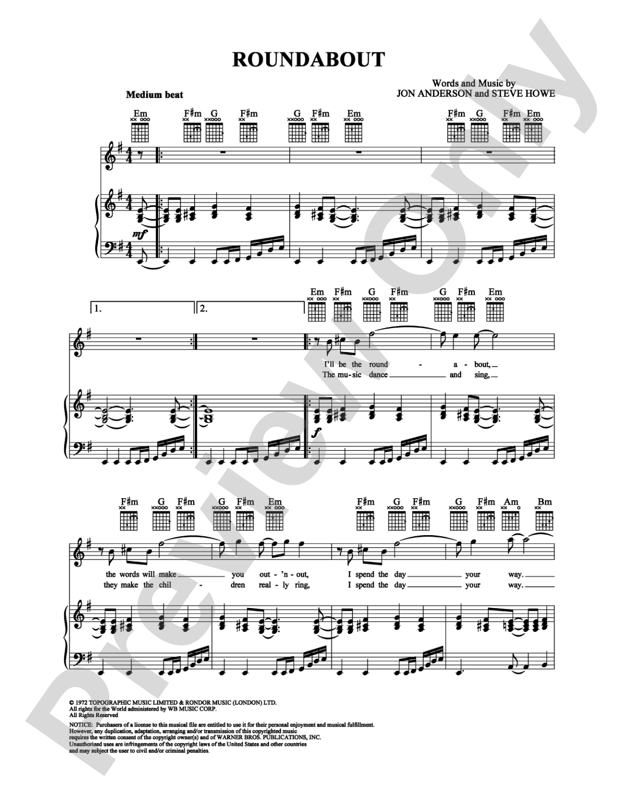 Roundabout: Piano/Vocal/Chords Digital Sheet Music