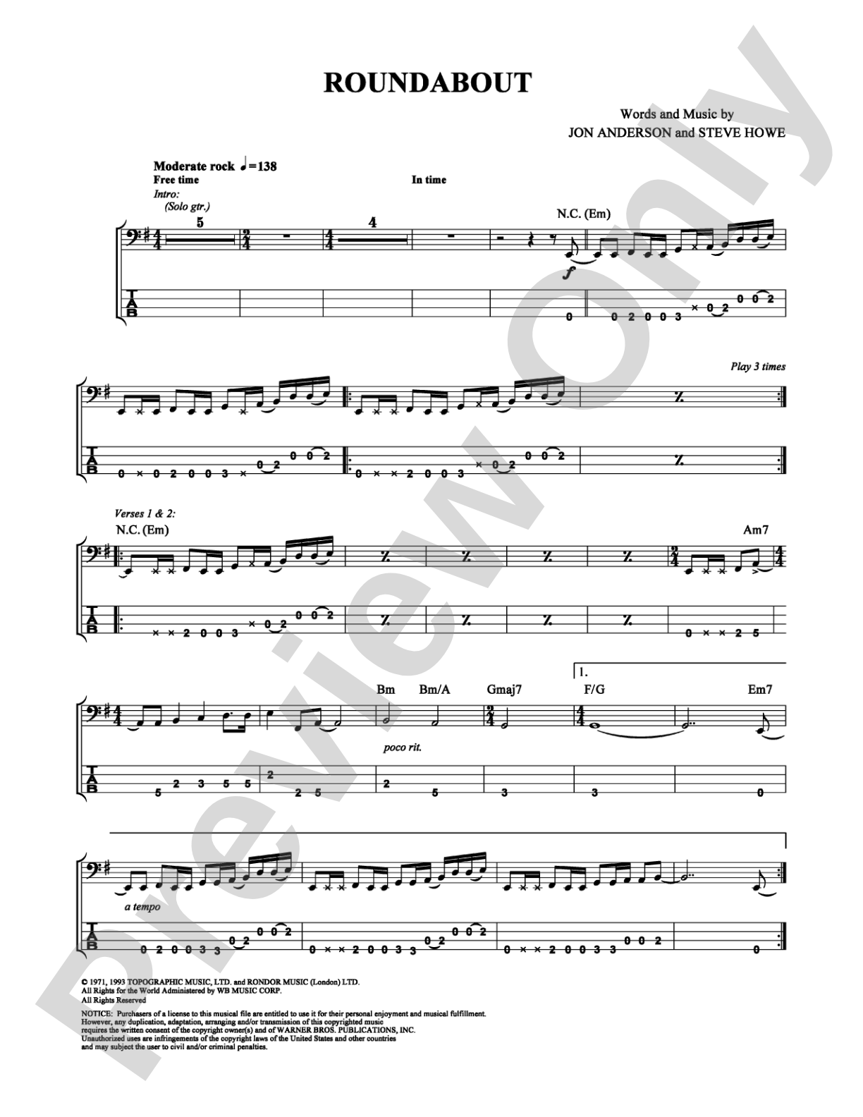 Roundabout: Bass TAB Digital Sheet Music