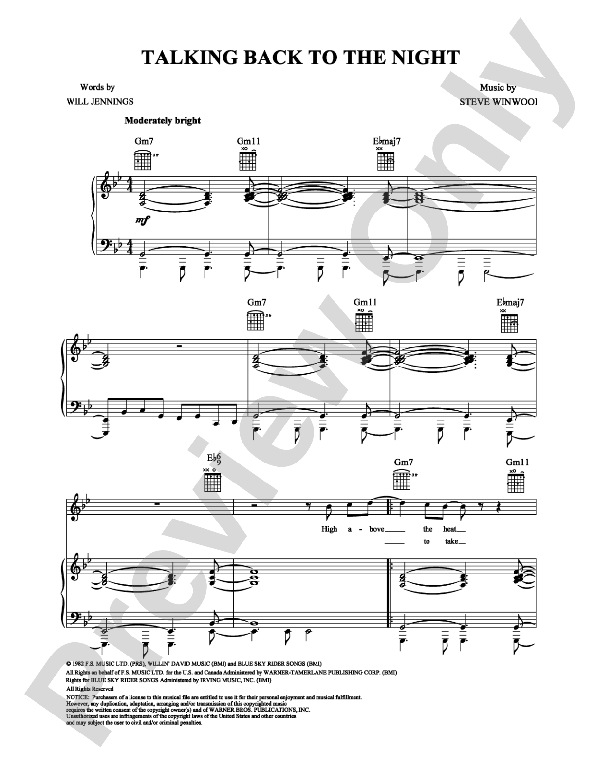 Talking Back to the Night: Piano/Vocal/Chords Digital Sheet Music