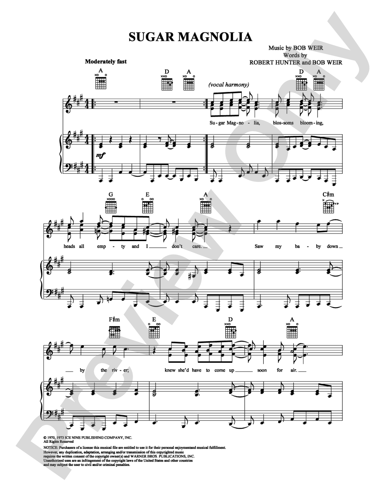 Sugar Magnolia: Piano/Vocal/Chords Digital Sheet Music