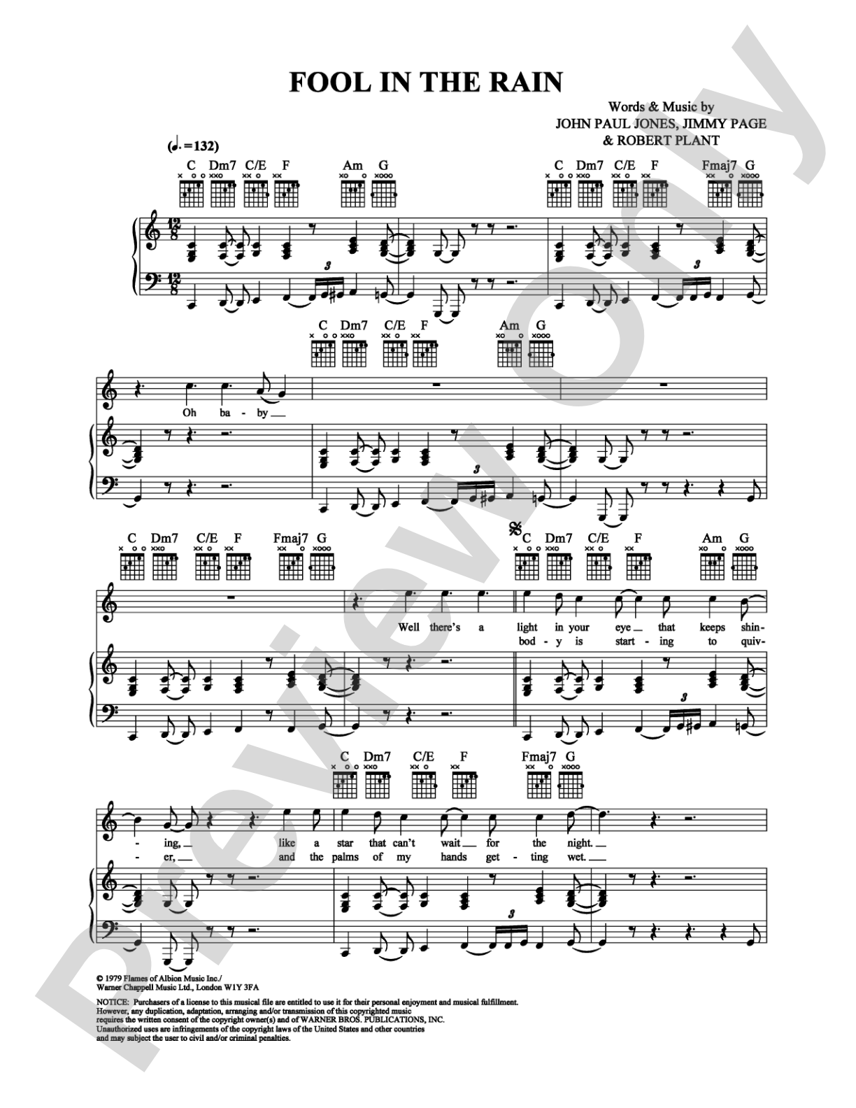 Fool in the Rain: Piano/Vocal/Chords Digital Sheet Music