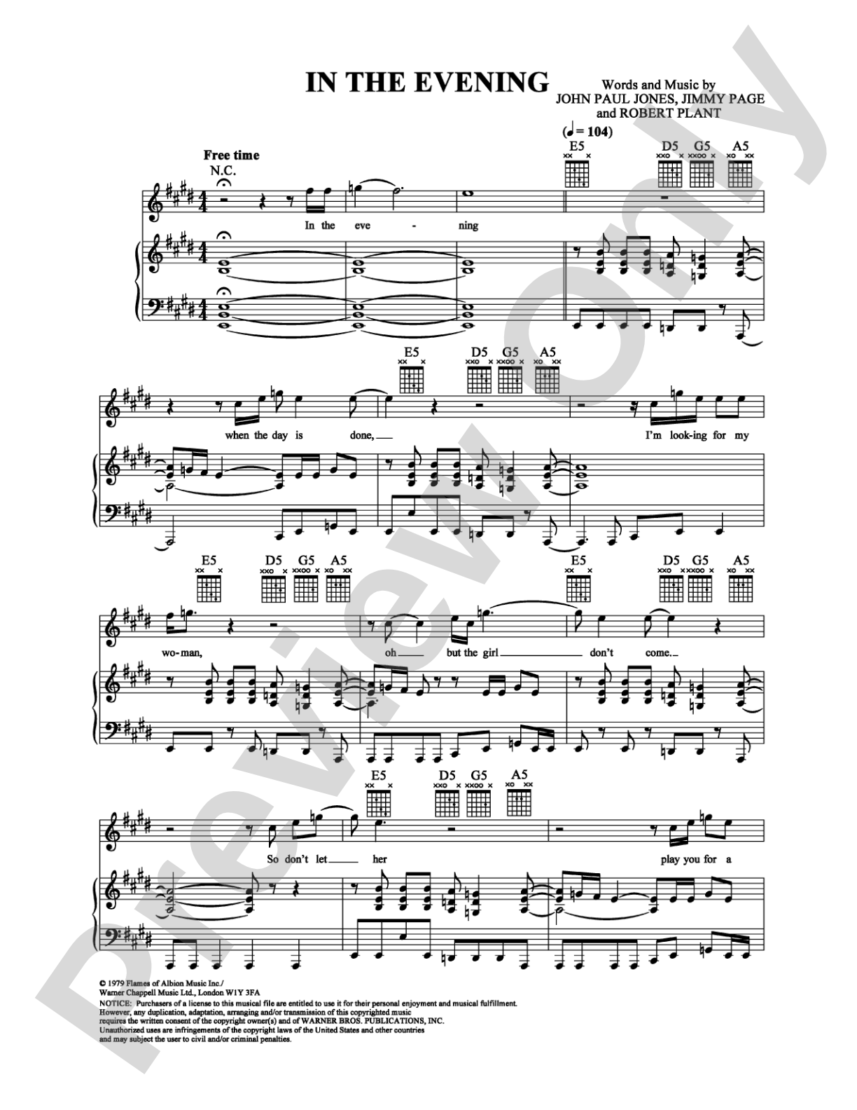 In the Evening: Piano/Vocal/Chords Digital Sheet Music