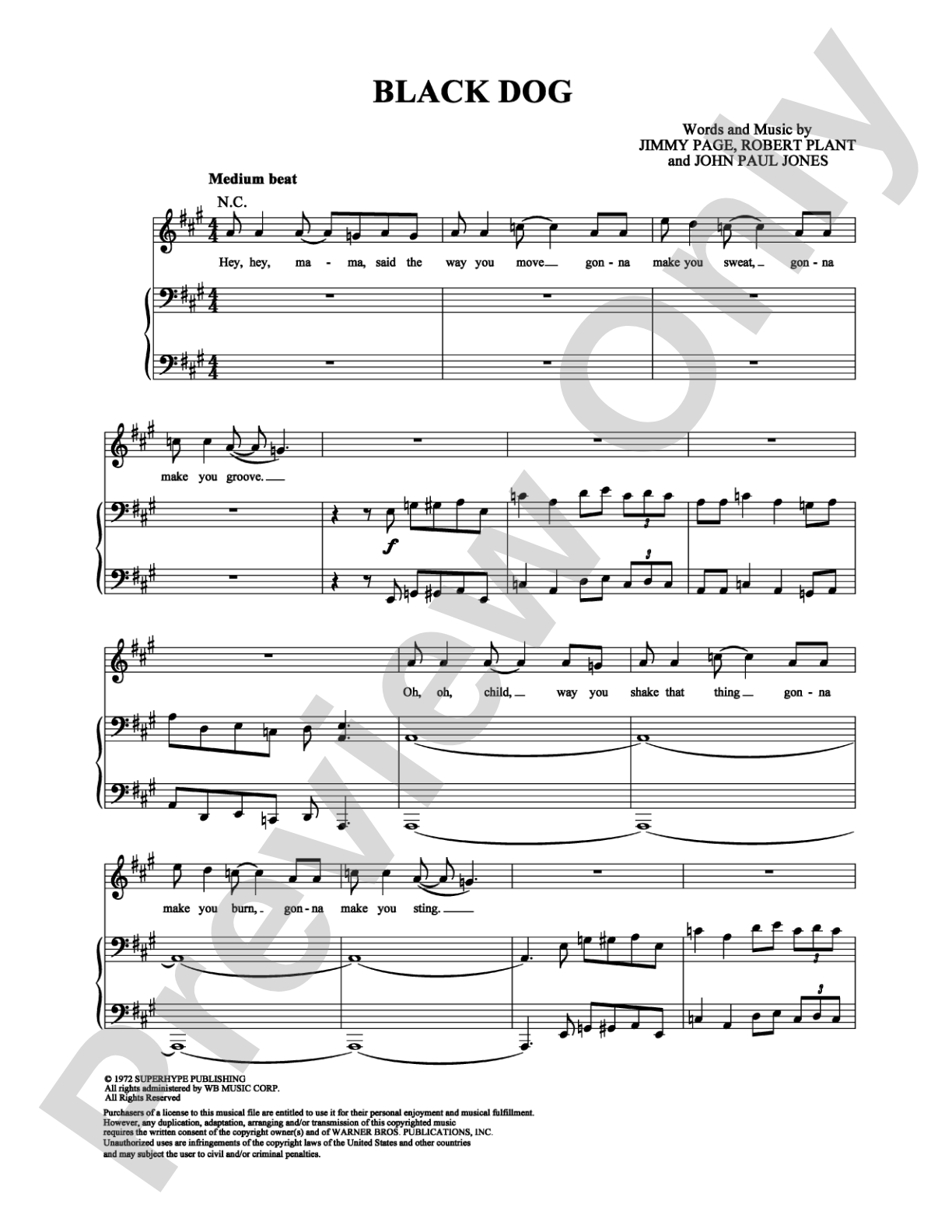 Black Dog: Piano/Vocal/Chords Digital Sheet Music