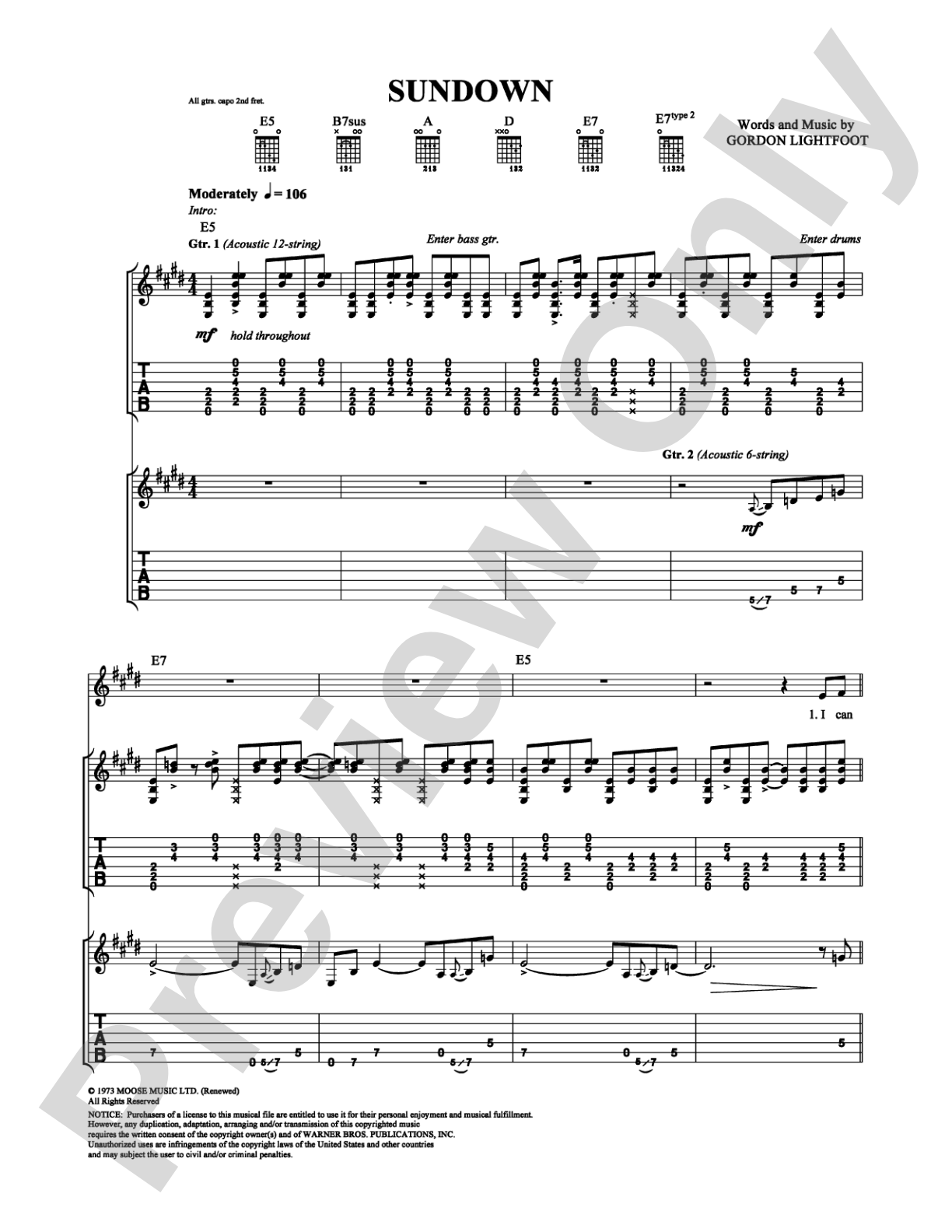 Sundown: Guitar TAB Digital Sheet Music