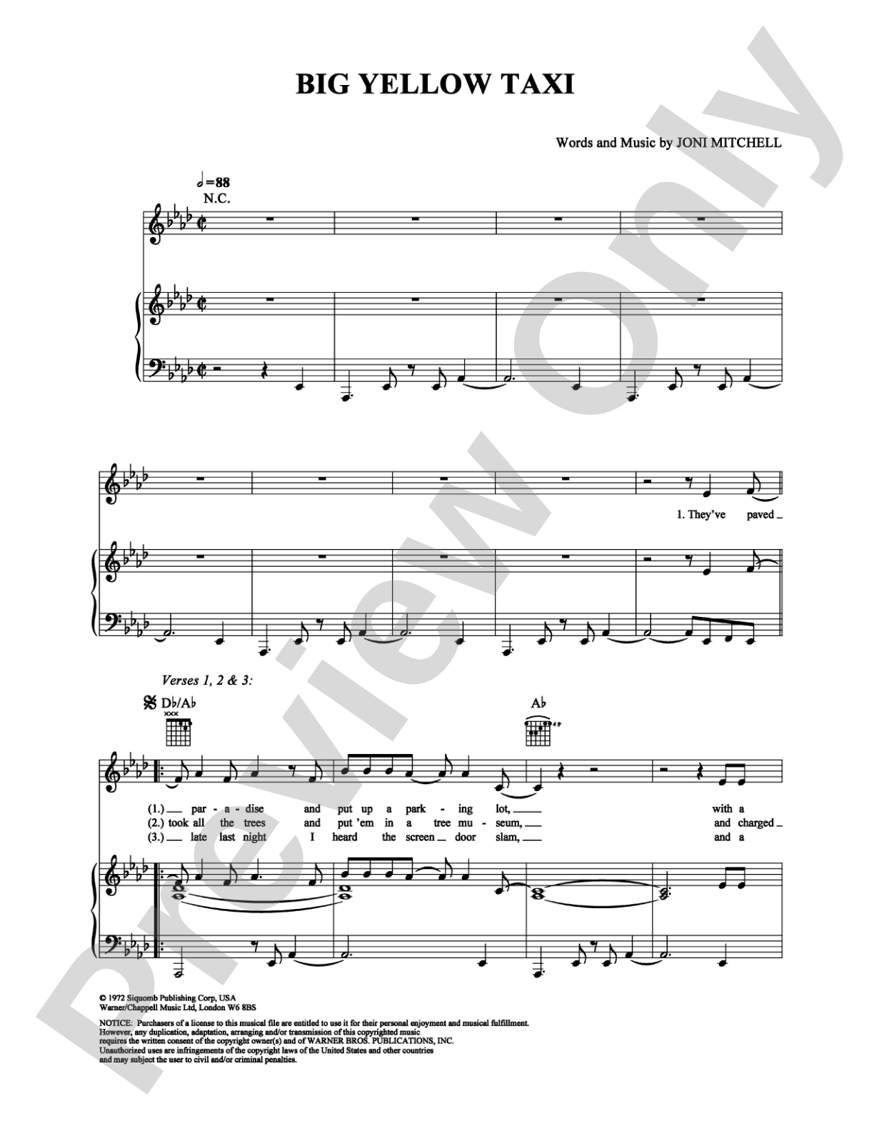 Big Yellow Taxi: Piano/Vocal/Chords Digital Sheet Music