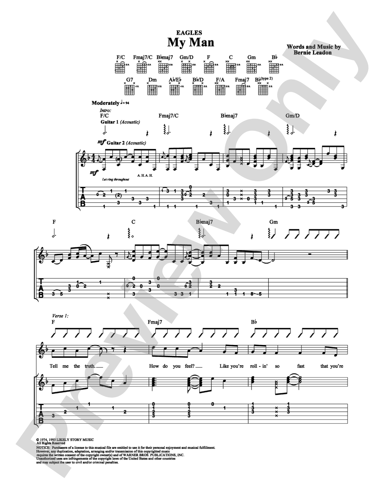My Man: Guitar TAB Digital Sheet Music
