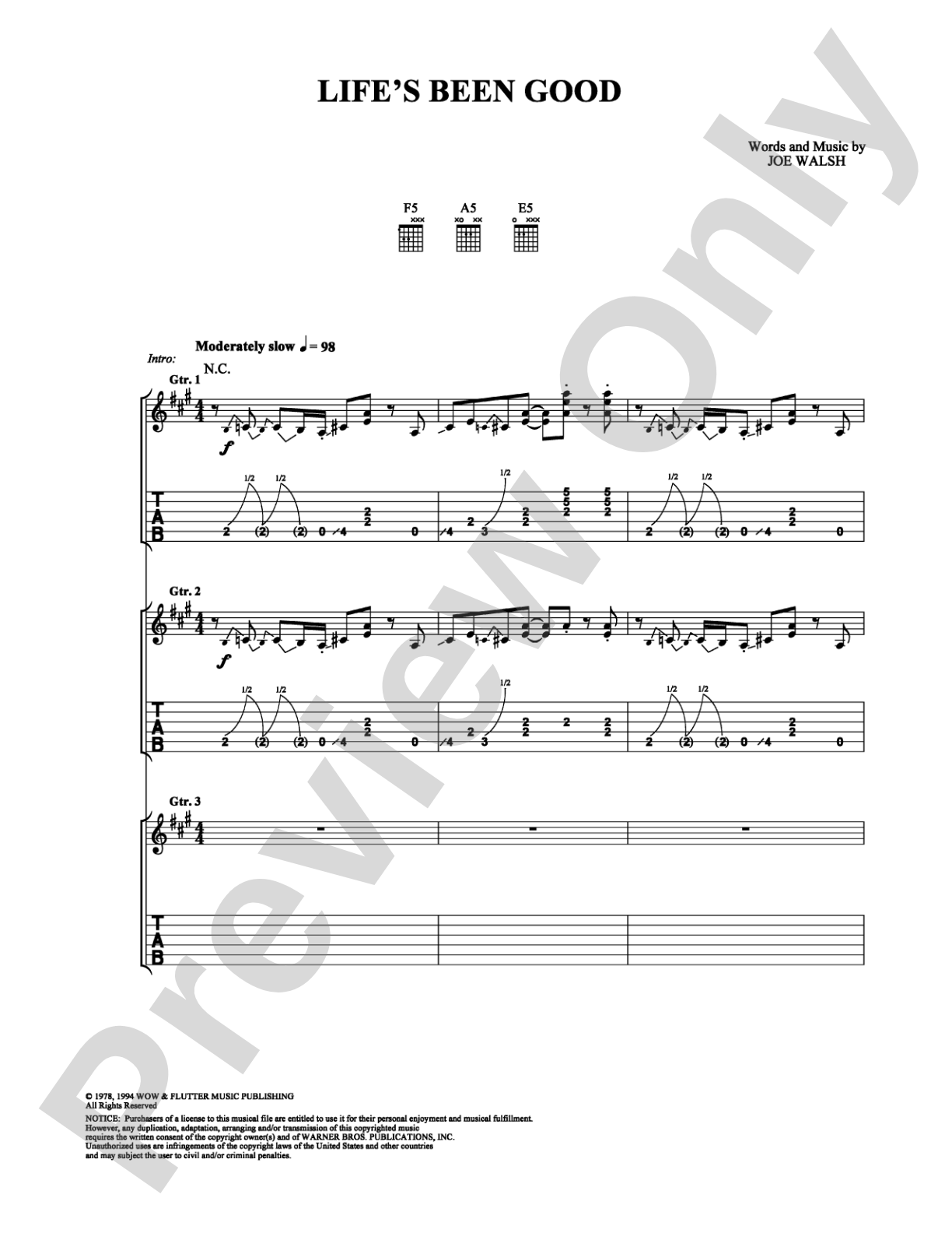 Life's Been Good: Guitar TAB Digital Sheet Music