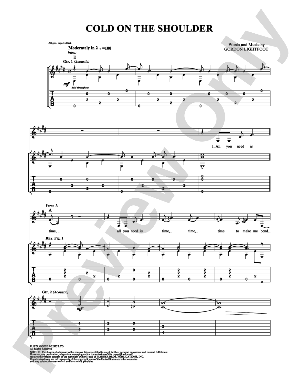 Cold on the Shoulder: Guitar TAB Digital Sheet Music