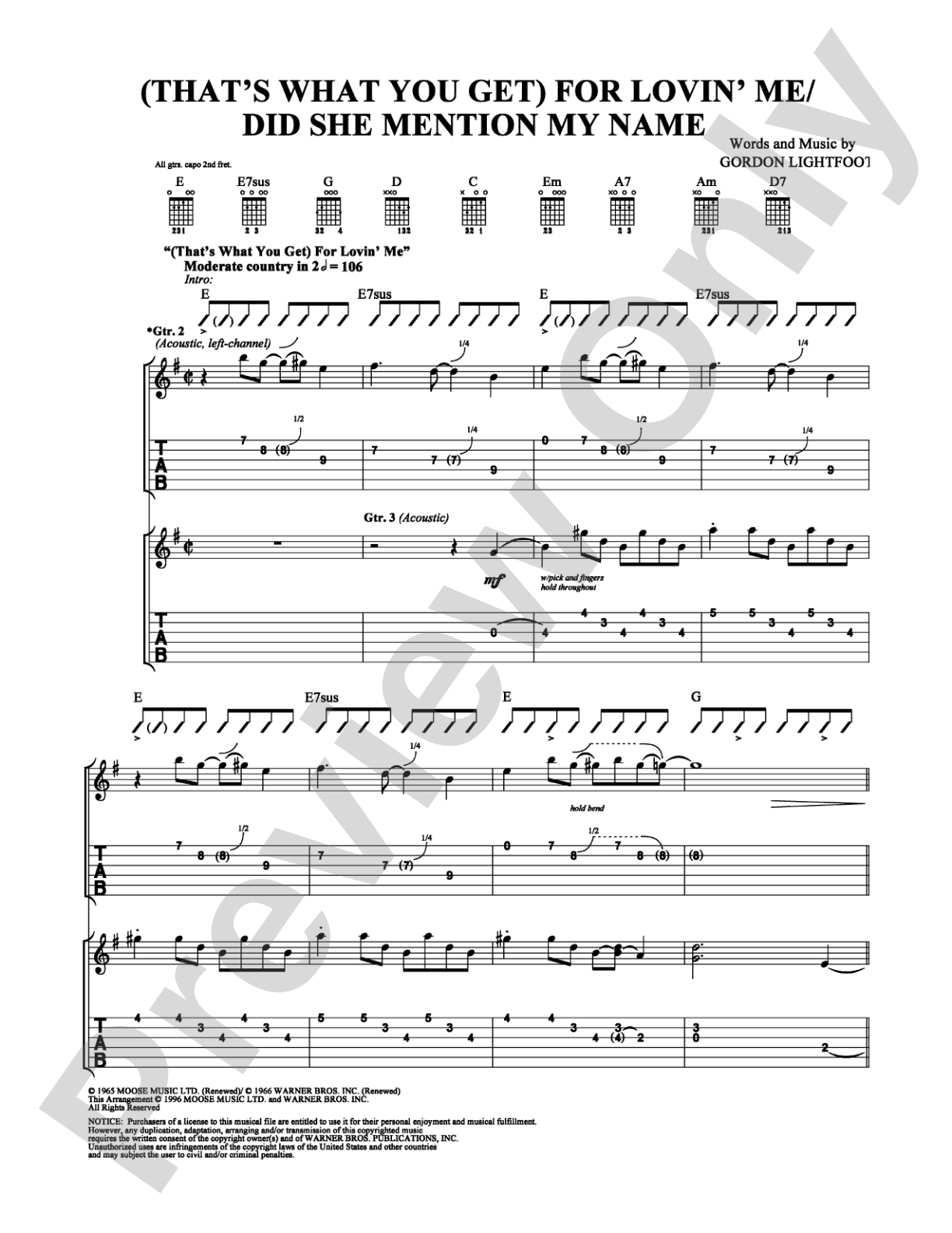 (That's What You Get) For Lovin' Me/Did She Mention My Name: Guitar TAB Digital Sheet Music