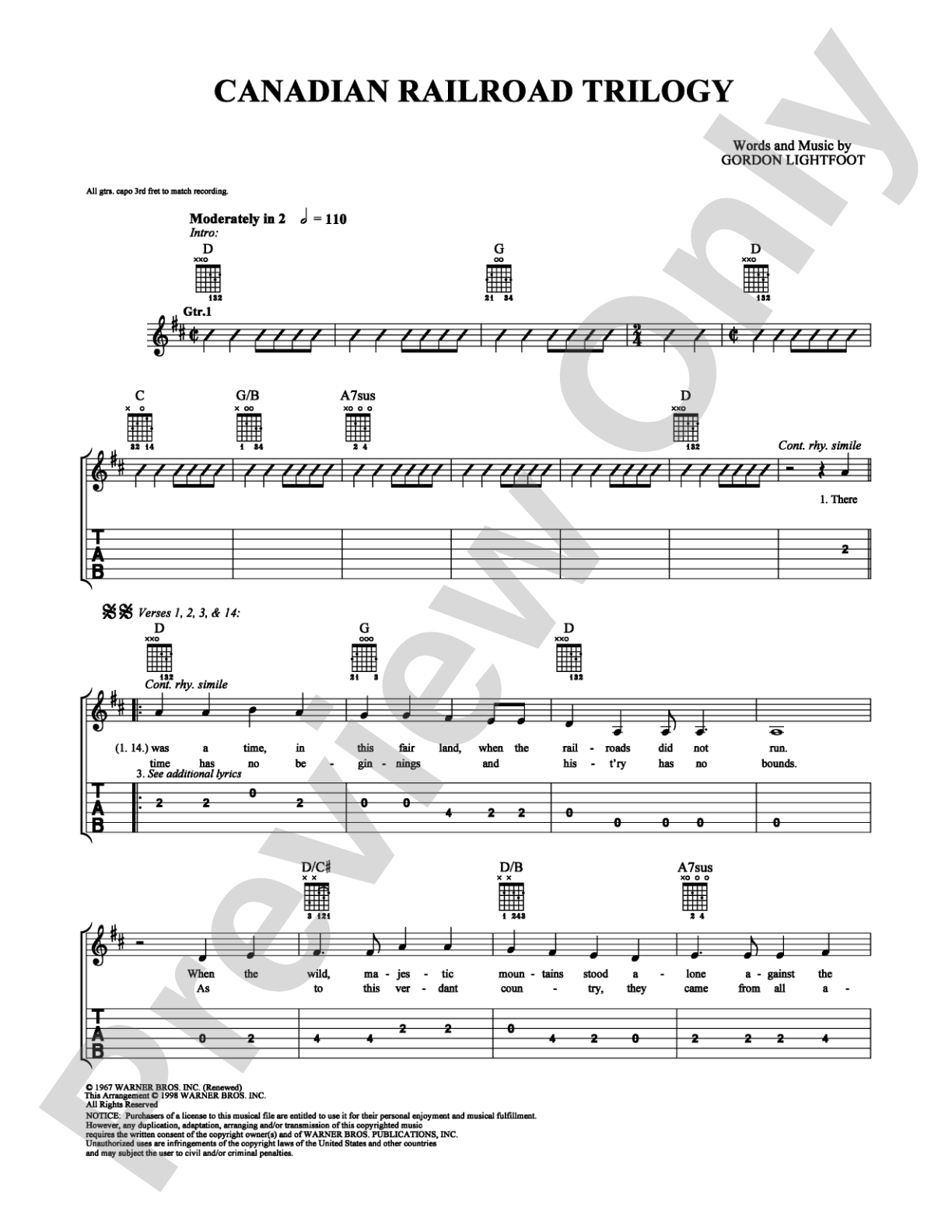 Canadian Railroad Trilogy: Easy Guitar Digital Sheet Music