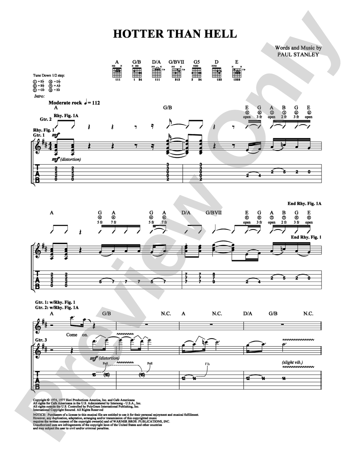 Hotter Than Hell: Guitar TAB Digital Sheet Music