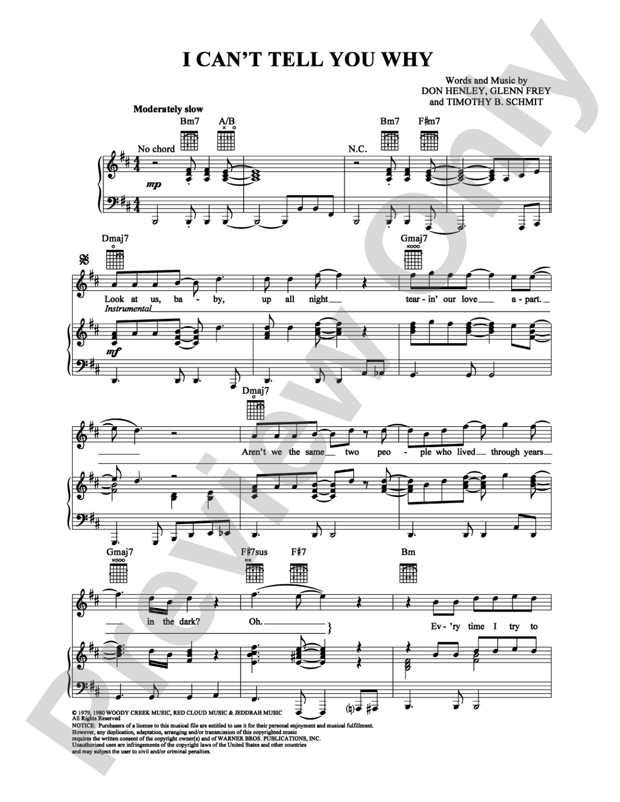 I Can't Tell You Why: Piano/Vocal/Chords Digital Sheet Music