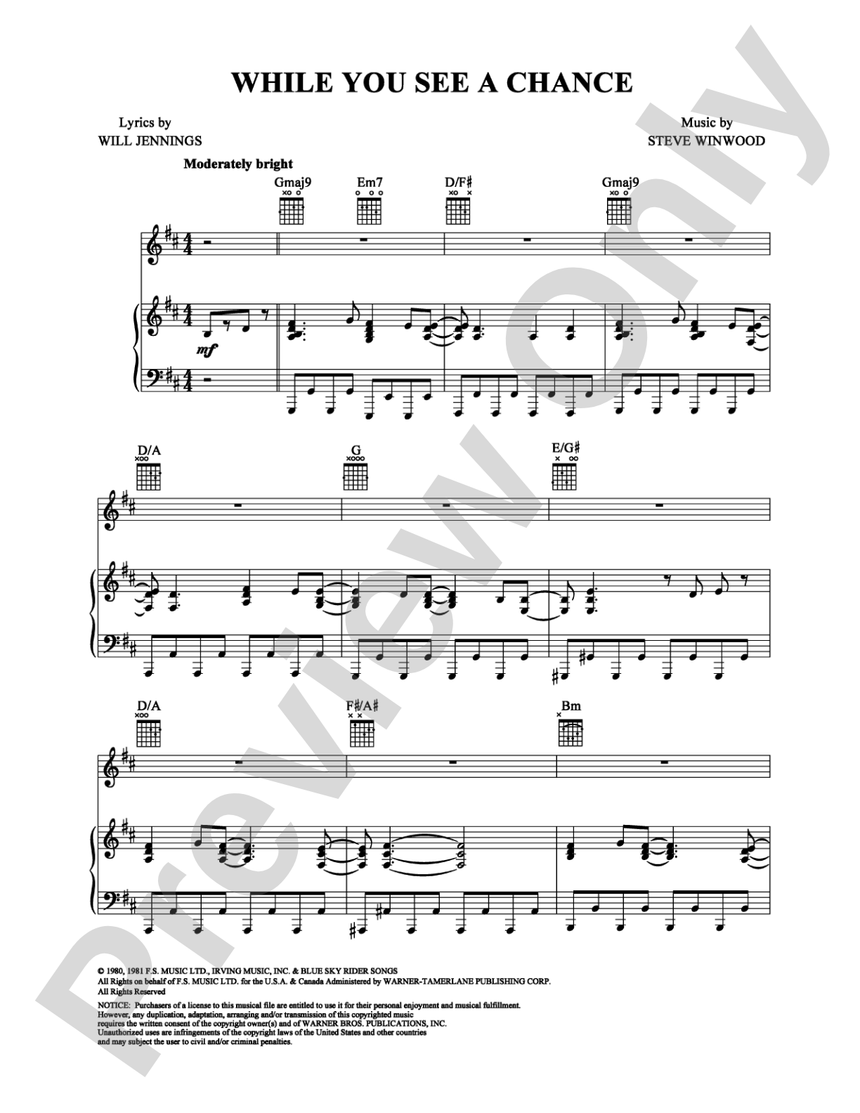 While You See a Chance: Piano/Vocal/Chords Digital Sheet Music