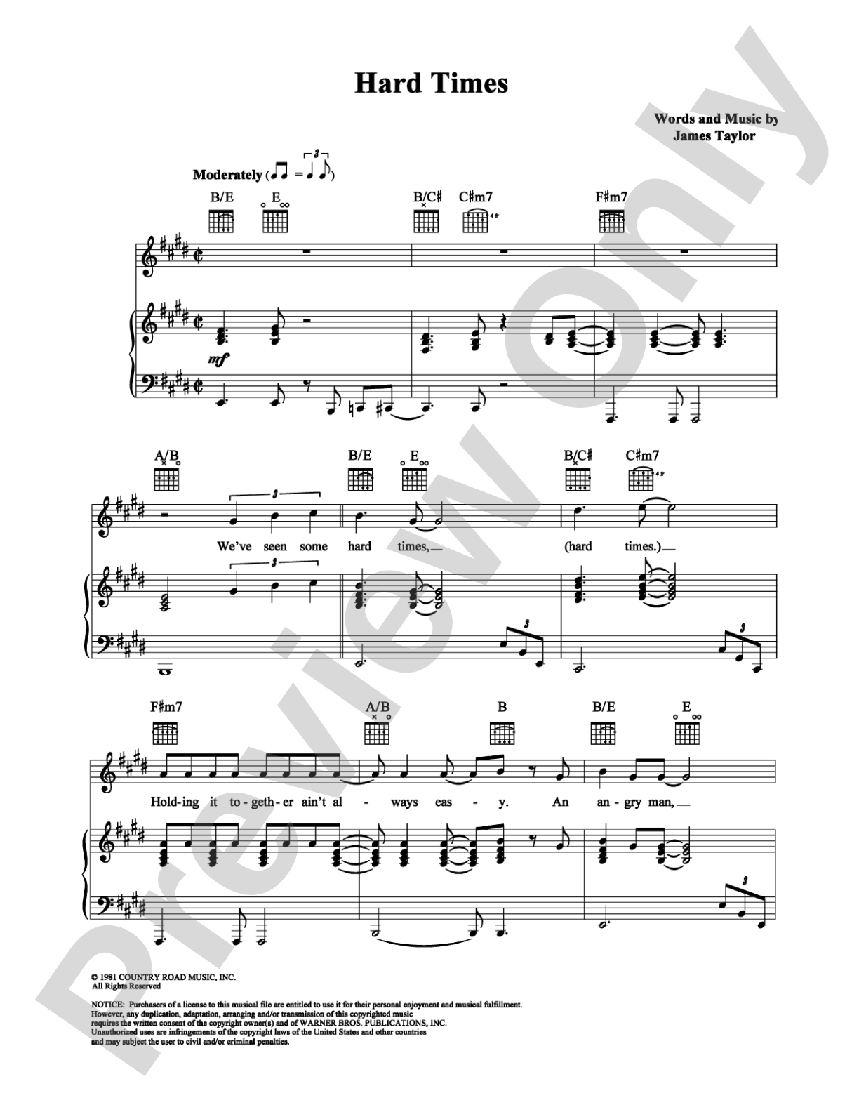 Hard Times: Piano/Vocal/Chords Digital Sheet Music