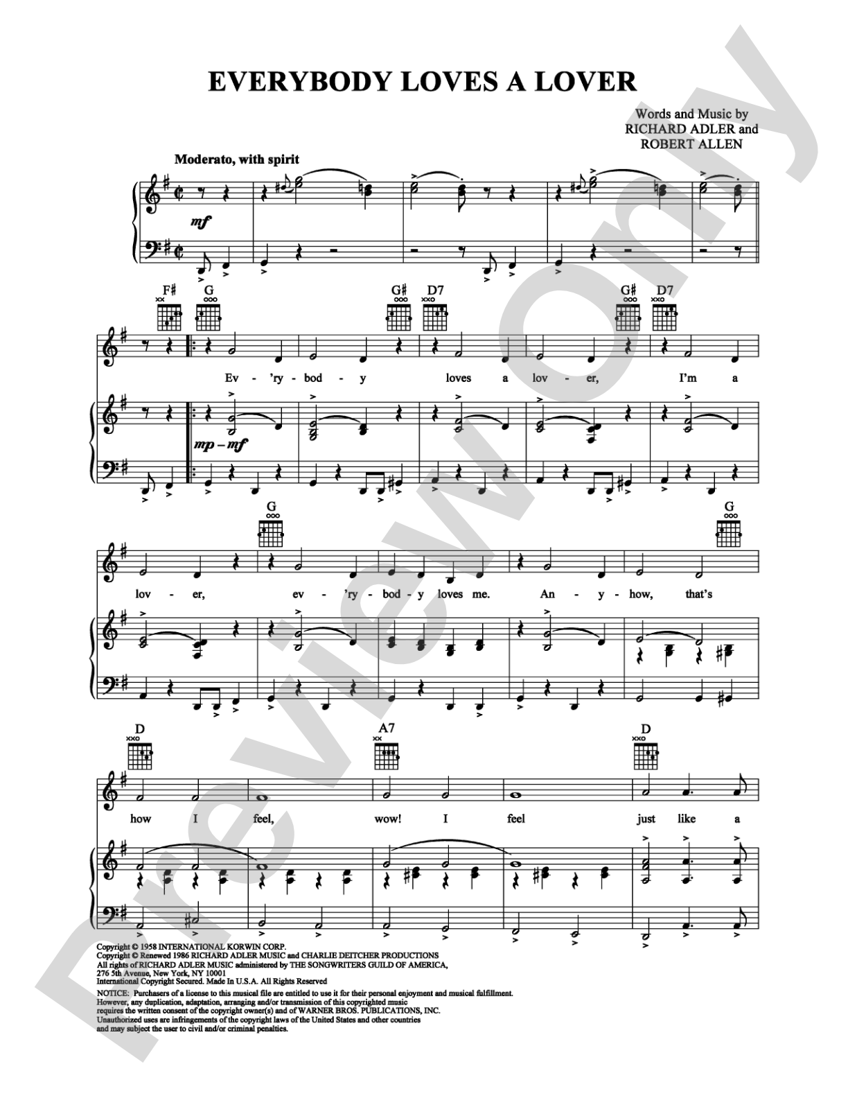 Everybody Loves a Lover: Piano/Vocal/Chords Digital Sheet Music