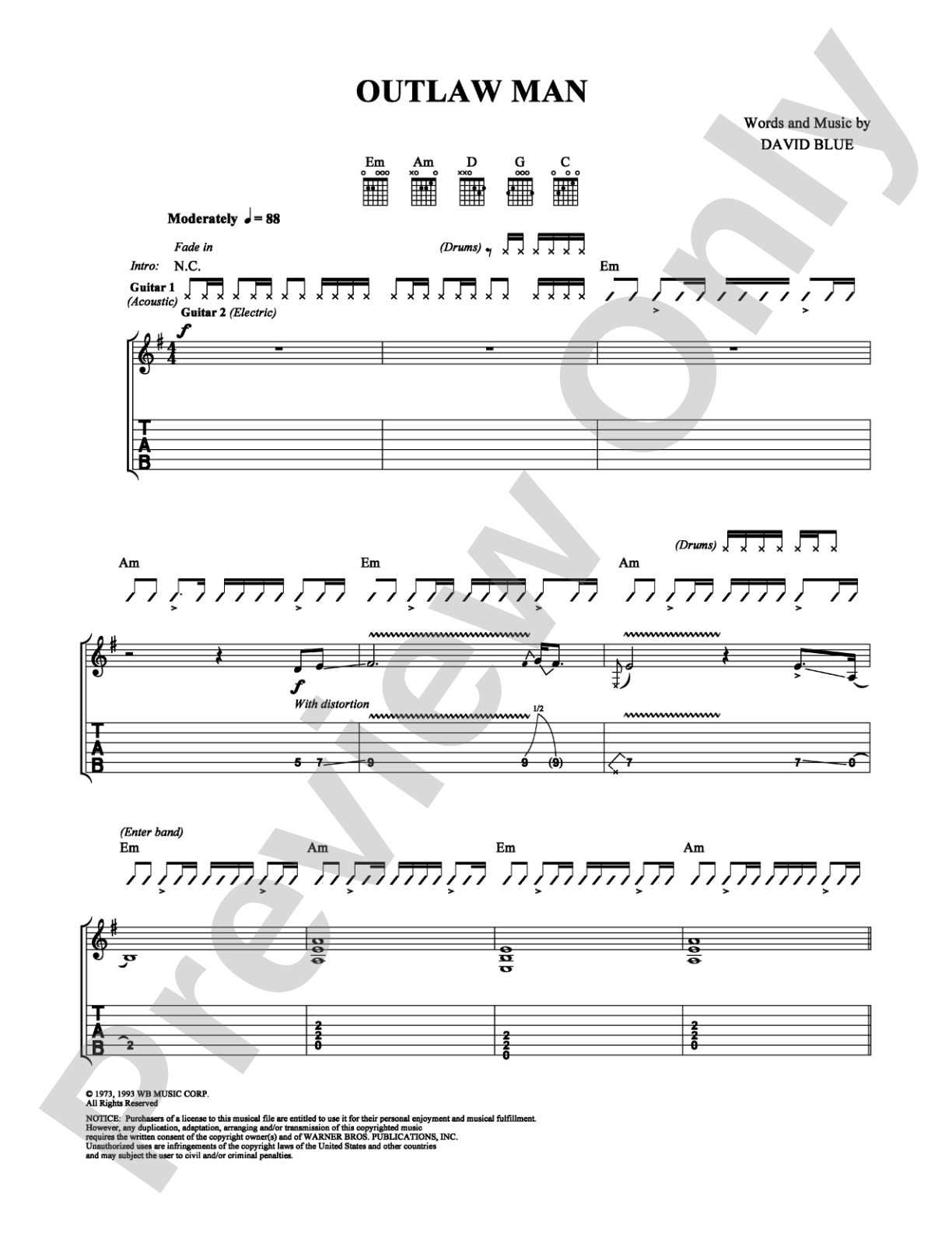 Outlaw Man: Guitar TAB Digital Sheet Music