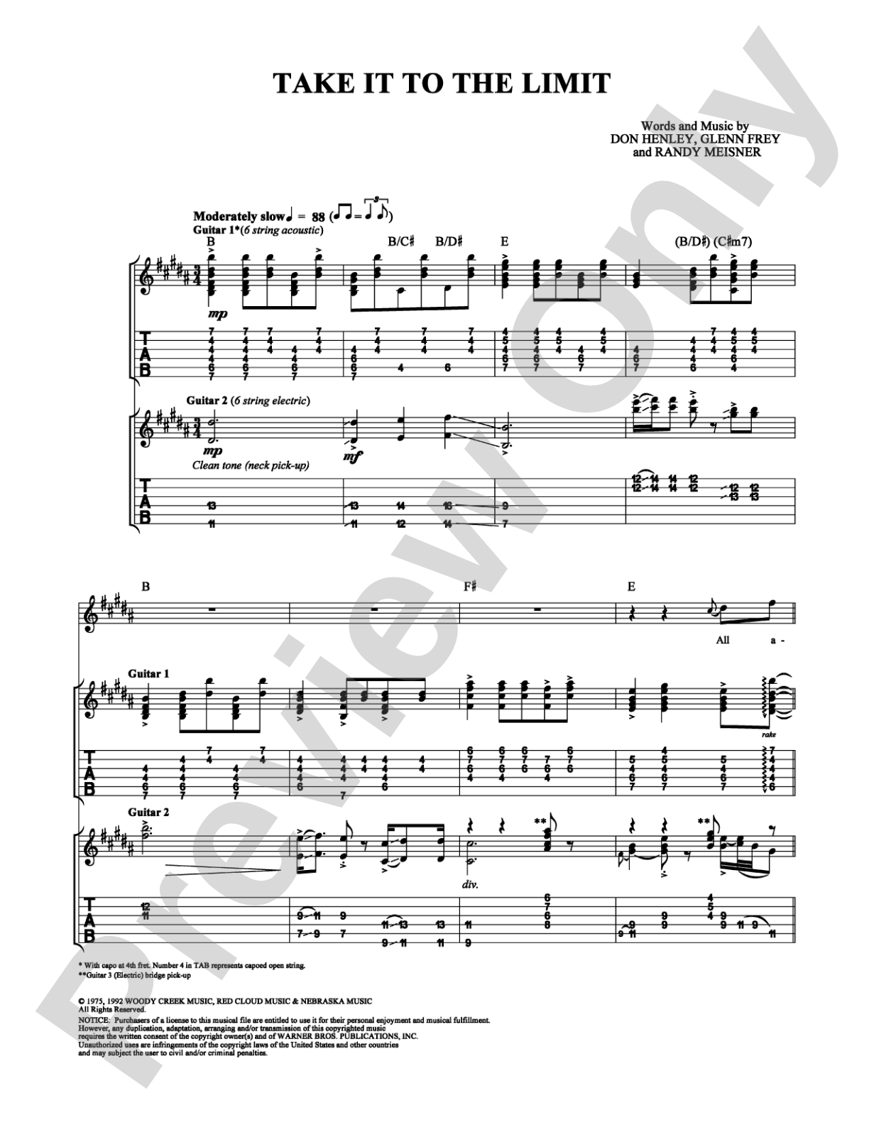 Take It To The Limit: Guitar TAB Digital Sheet Music
