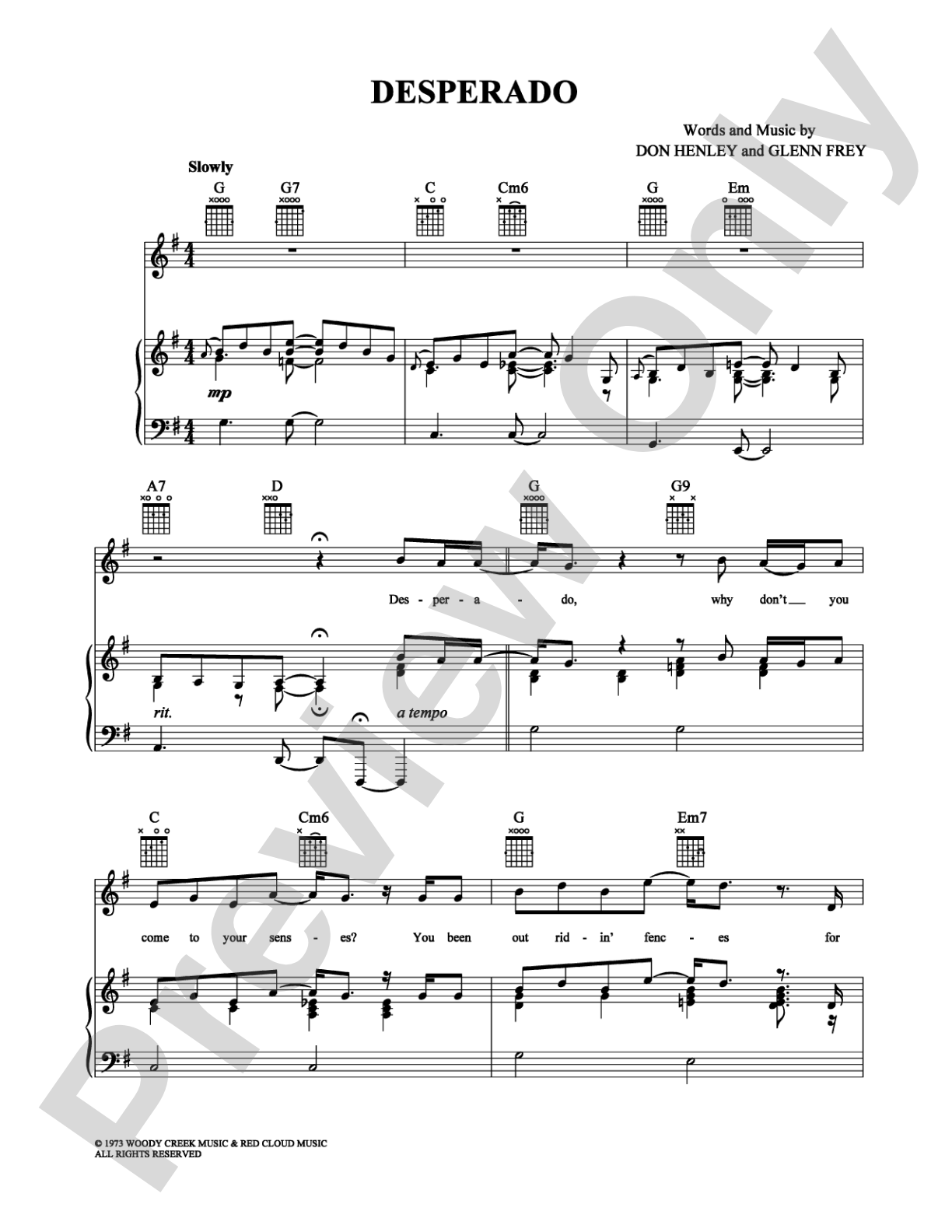 Desperado: Piano/Vocal/Chords Digital Sheet Music