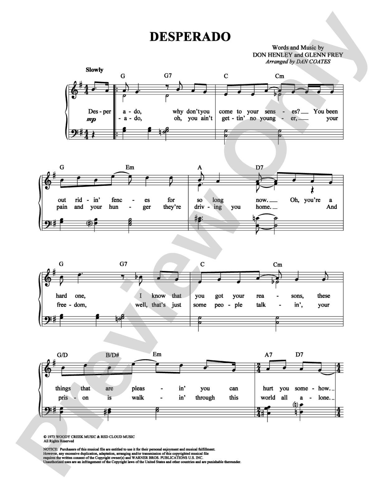 Desperado: Easy Piano Digital Sheet Music