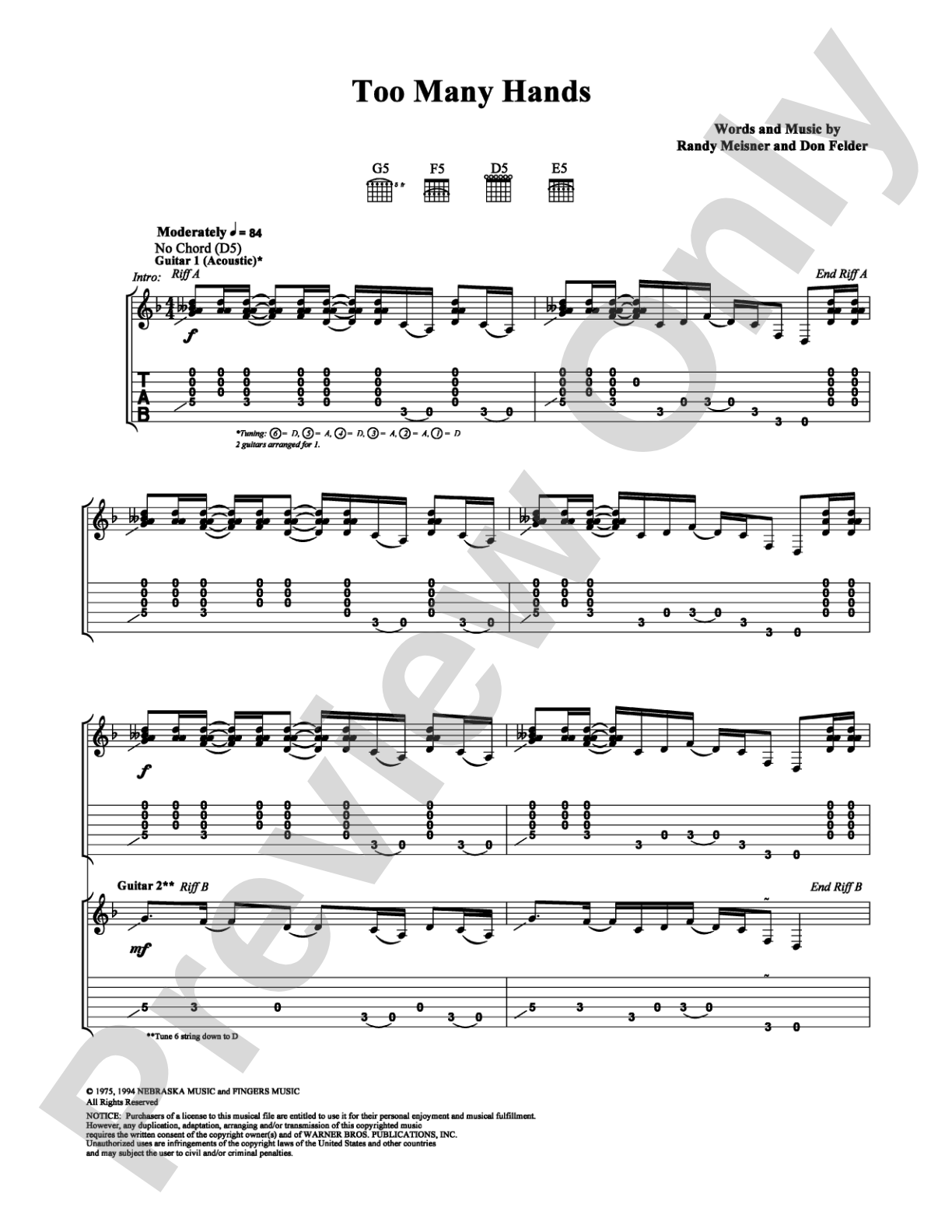 Too Many Hands: Guitar TAB Digital Sheet Music