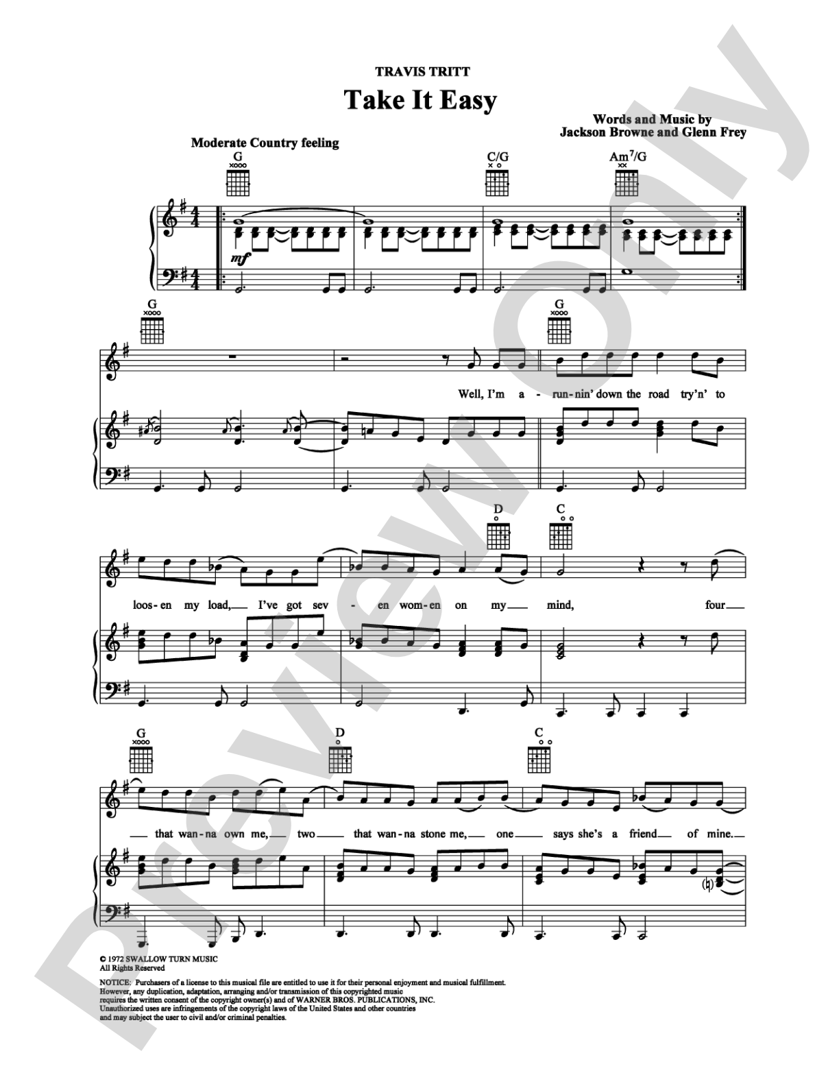 Take It Easy: Piano/Vocal/Chords Digital Sheet Music