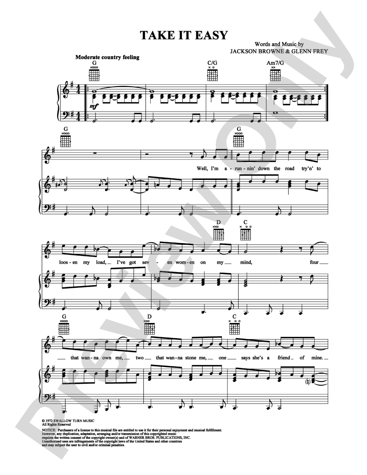 Take It Easy: Piano/Vocal/Chords Digital Sheet Music