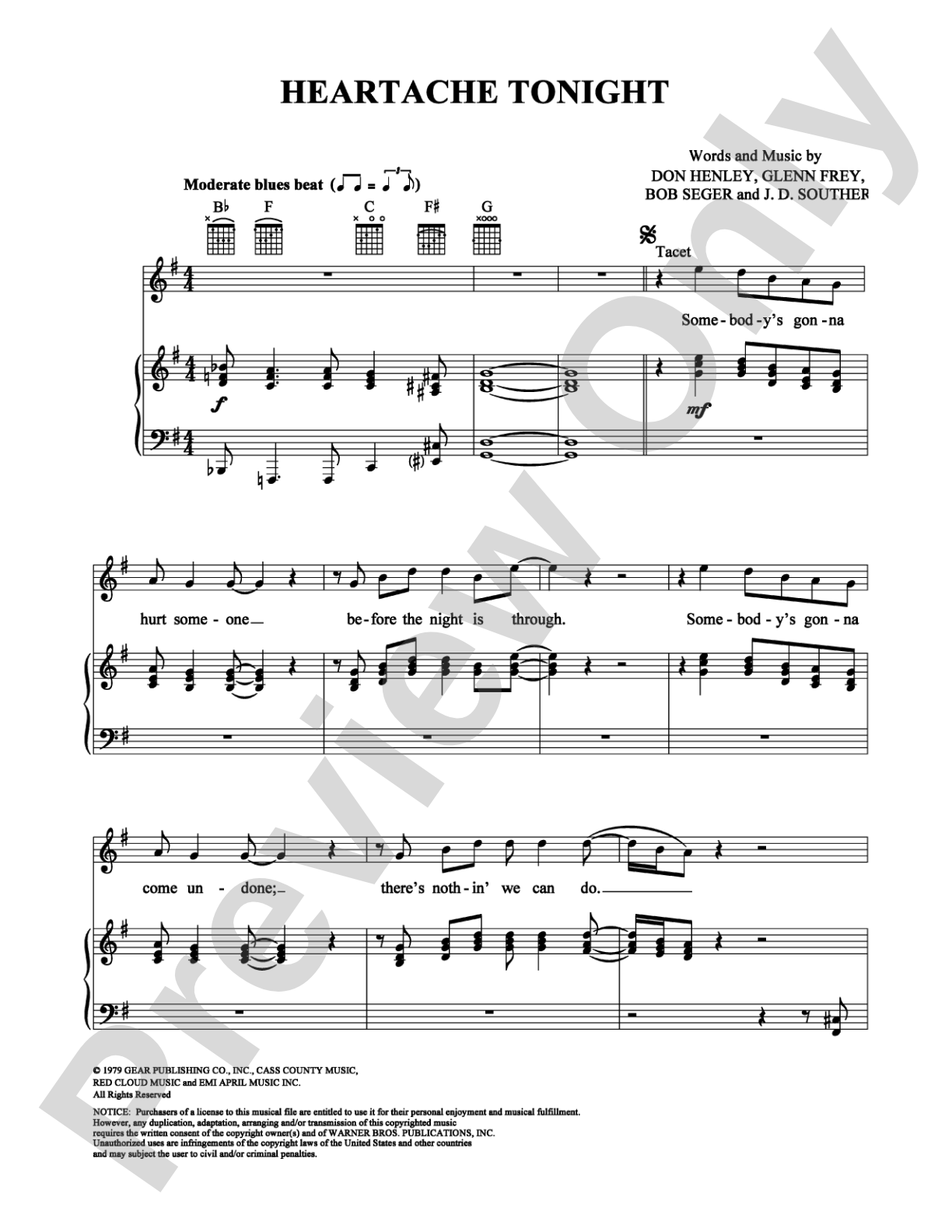 Heartache Tonight: Piano/Vocal/Chords Digital Sheet Music