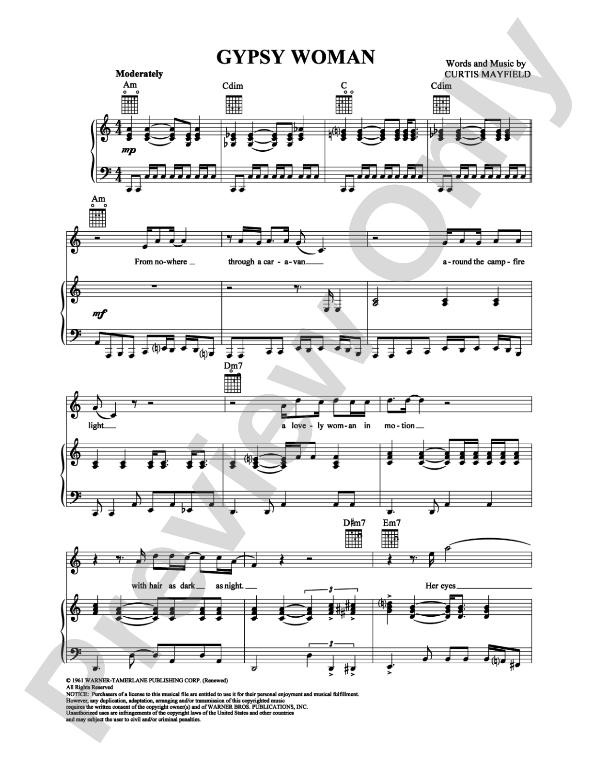 Gypsy Woman: Piano/Vocal/Chords Digital Sheet Music