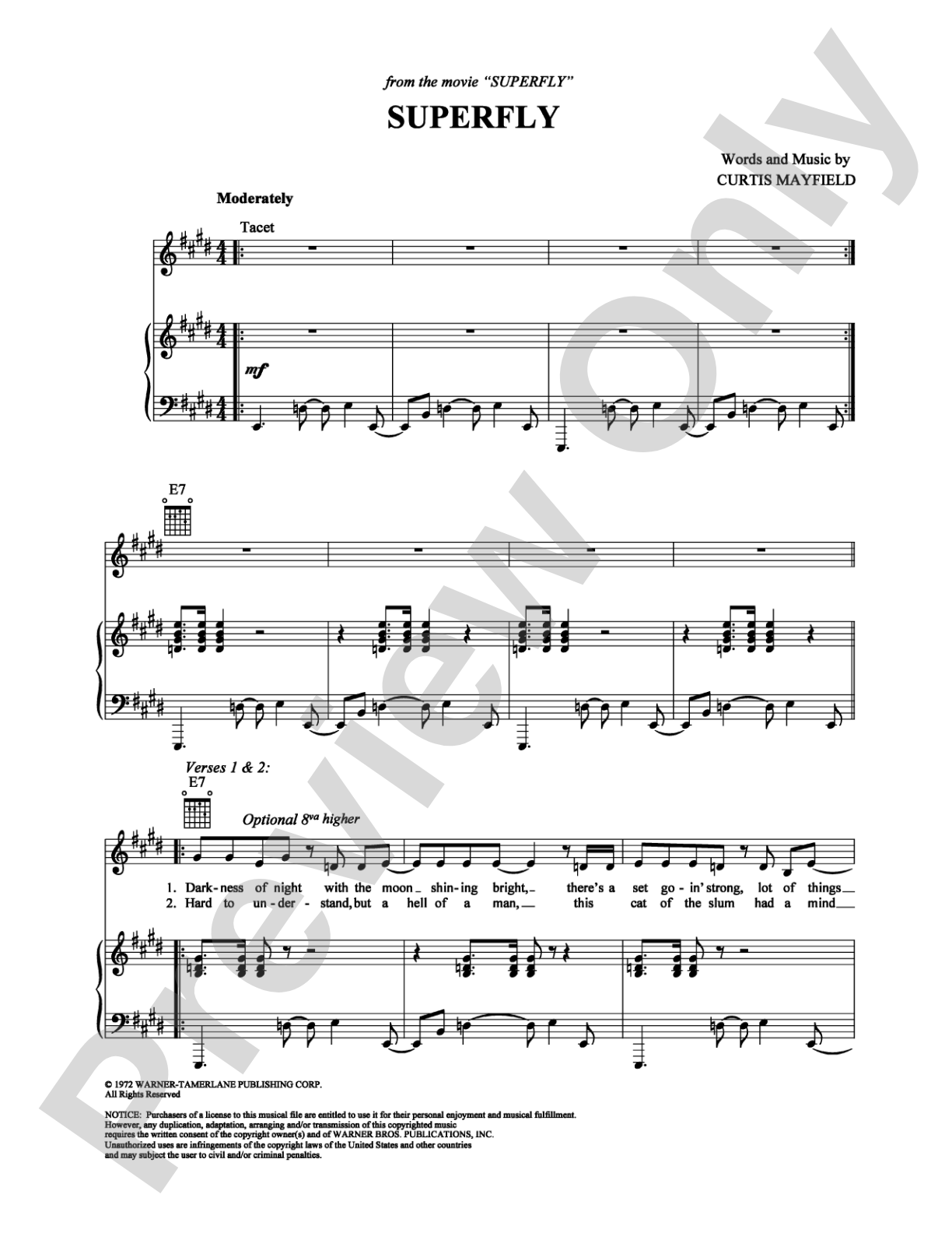 Superfly: Piano/Vocal/Chords Digital Sheet Music