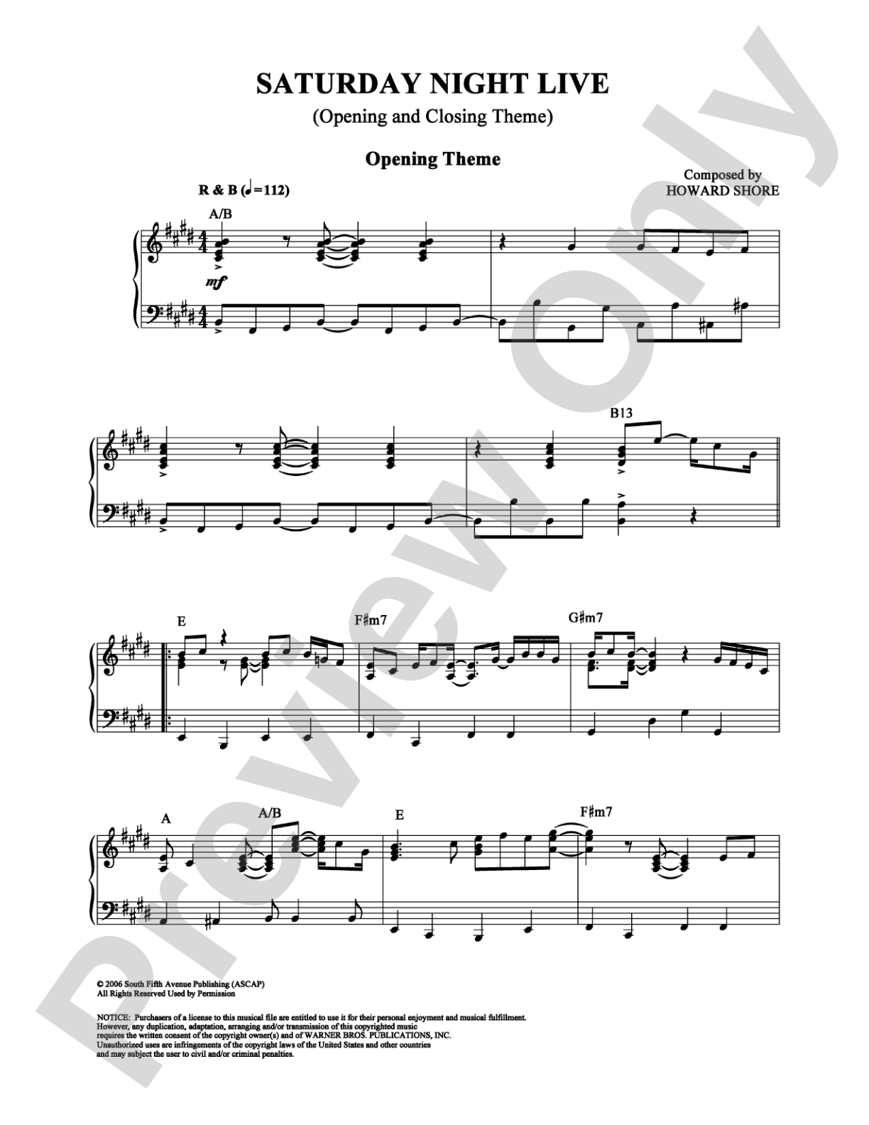 Saturday Night Live (Opening and Closing Themes): Piano Digital Sheet Music