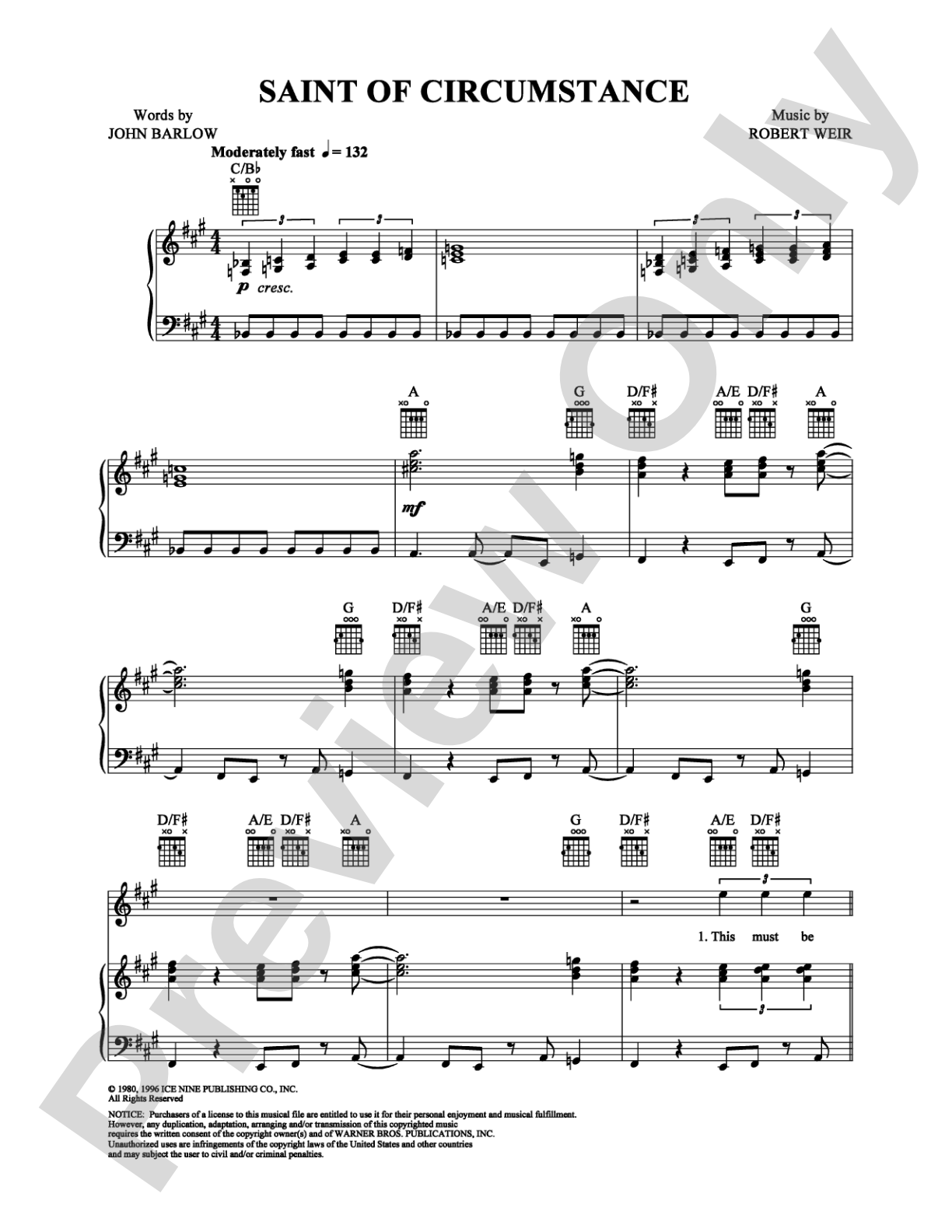 Saint of Circumstance: Piano/Vocal/Chords Digital Sheet Music