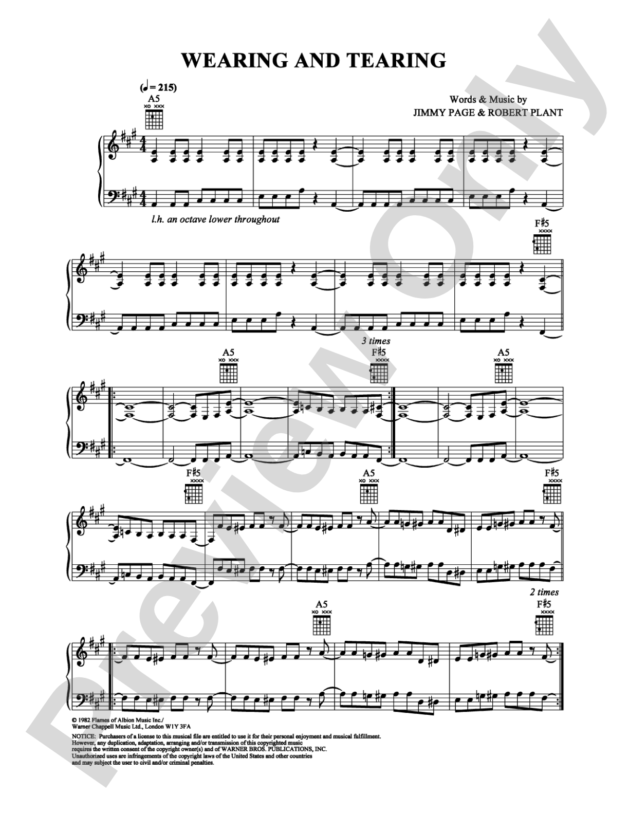 Wearing and Tearing: Piano/Vocal/Chords Digital Sheet Music