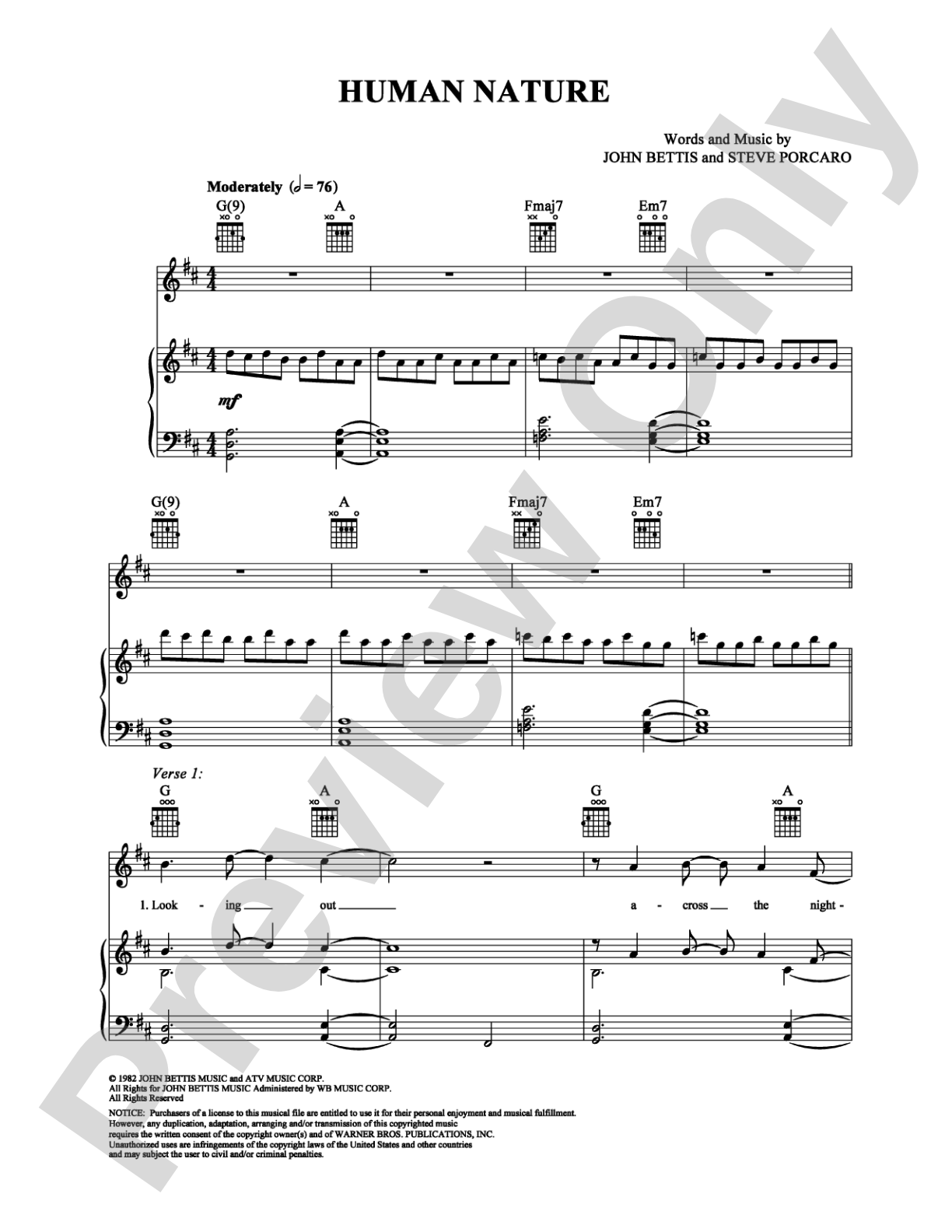 Human Nature: Piano/Vocal/Chords Digital Sheet Music