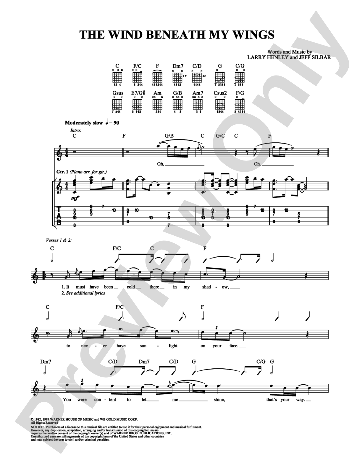 The Wind Beneath My Wings: Guitar TAB Digital Sheet Music