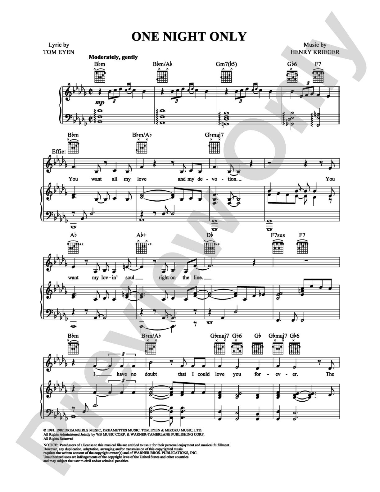 One Night Only: Piano/Vocal/Chords Digital Sheet Music