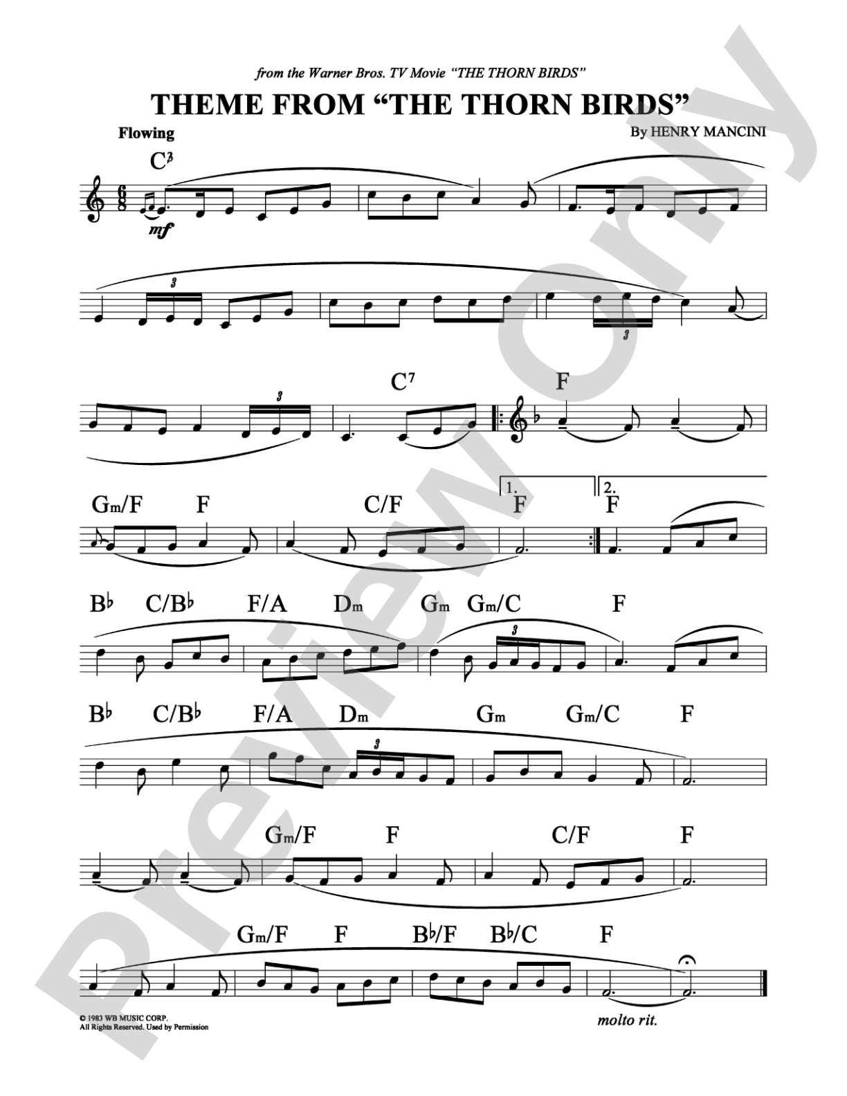The Thorn Birds Theme: Lead Sheet Digital Sheet Music