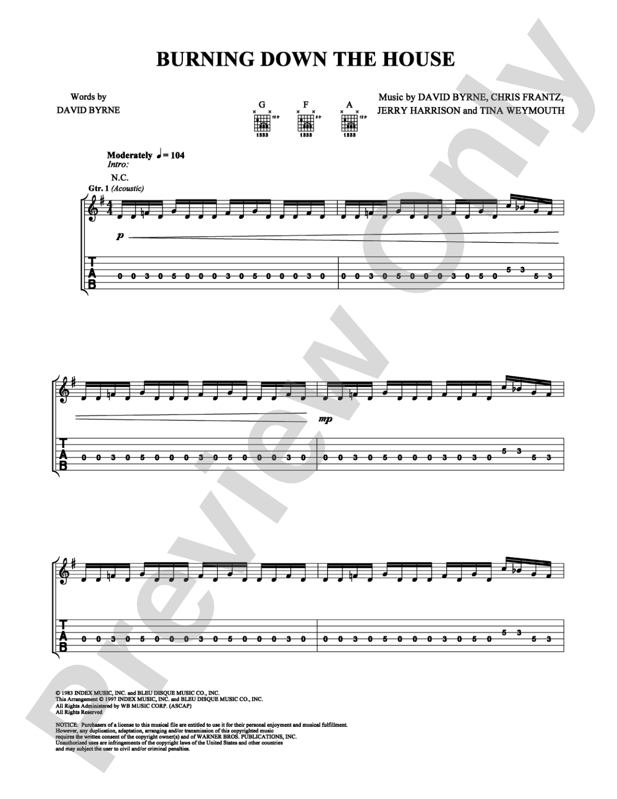 Burning Down the House: Easy Guitar Digital Sheet Music