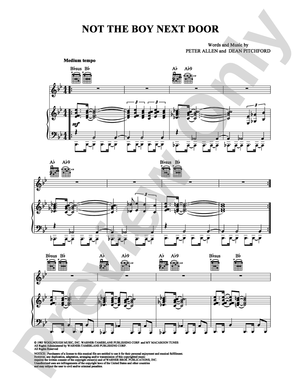 Not the Boy Next Door: Piano/Vocal/Chords Digital Sheet Music