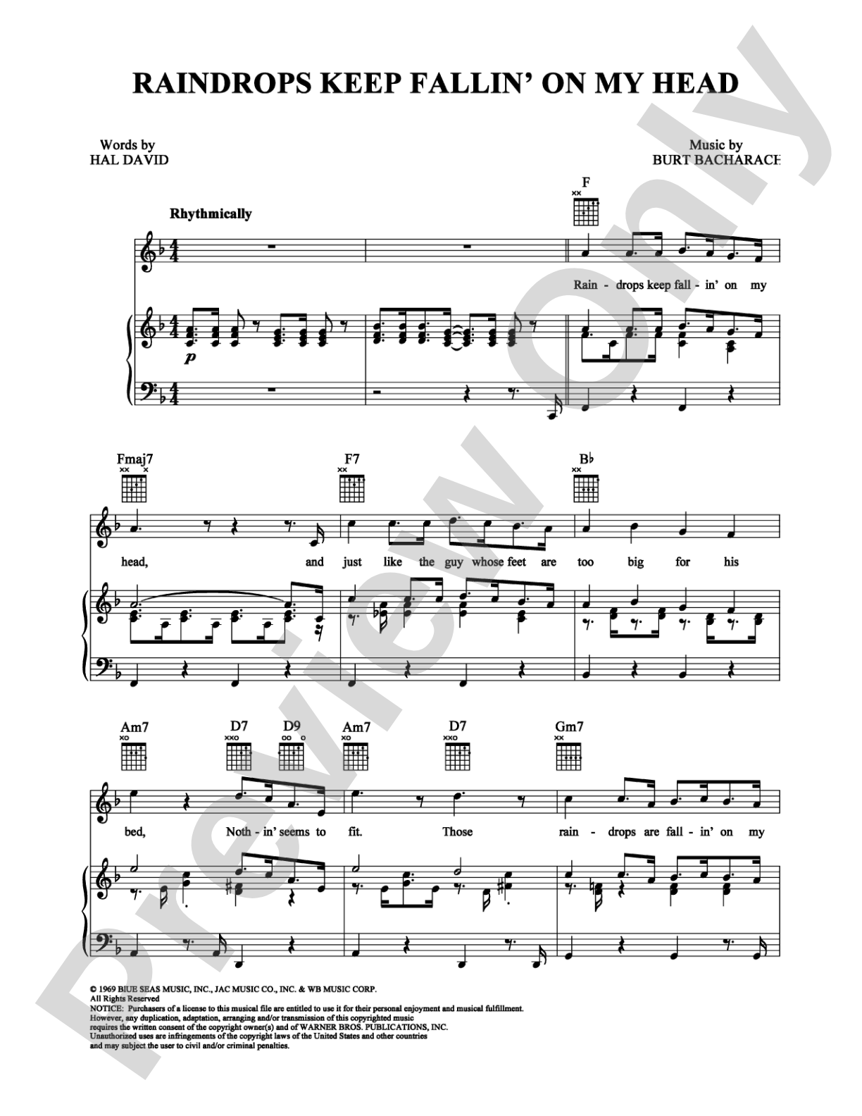 Raindrops Keep Fallin' On My Head: Piano/Vocal/Chords Digital Sheet Music