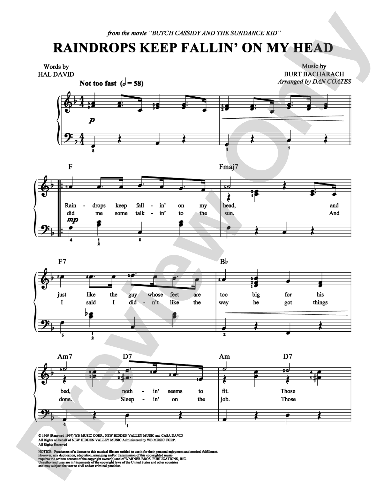 Raindrops Keep Fallin' On My Head: Easy Piano Digital Sheet Music