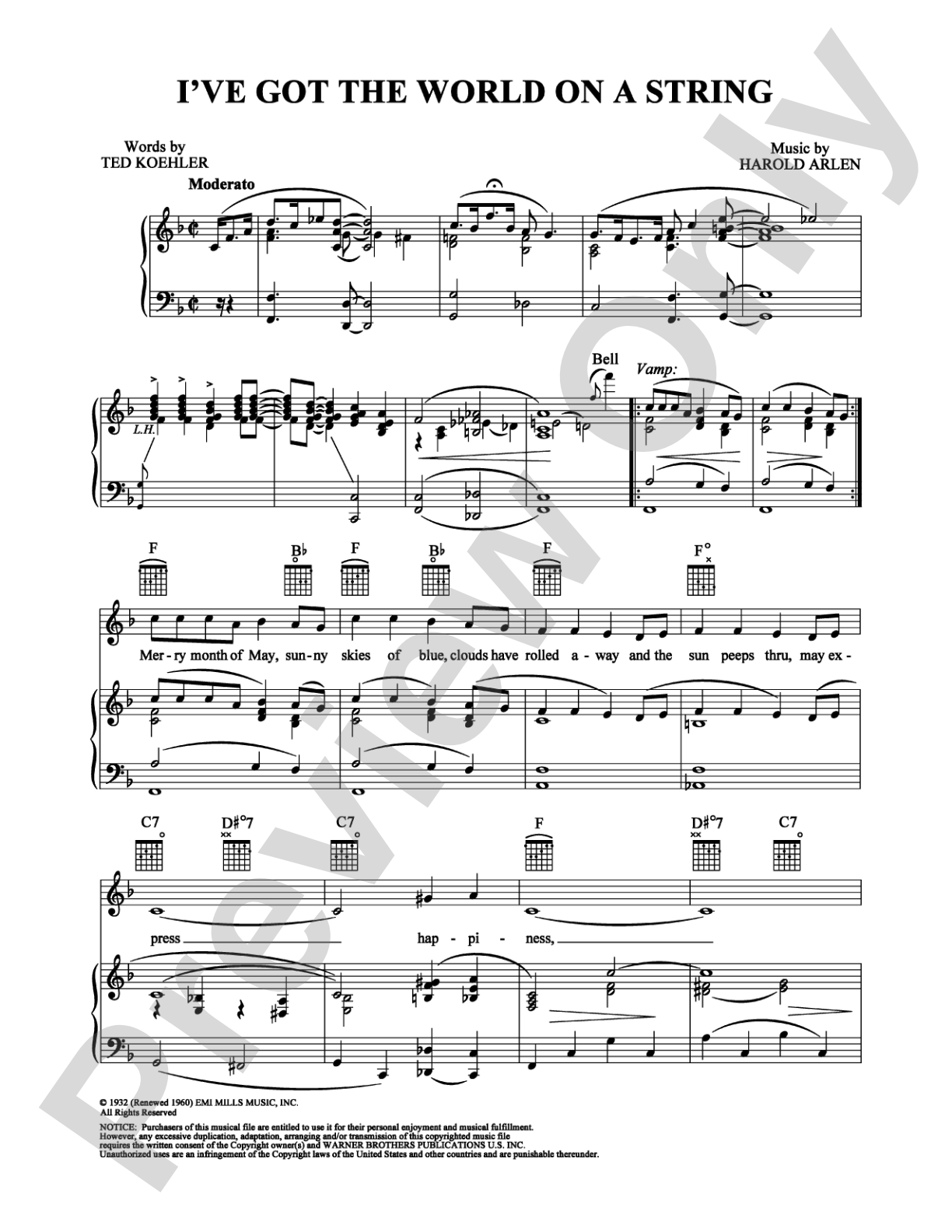 I've Got the World On A String: Piano/Vocal/Chords Digital Sheet Music